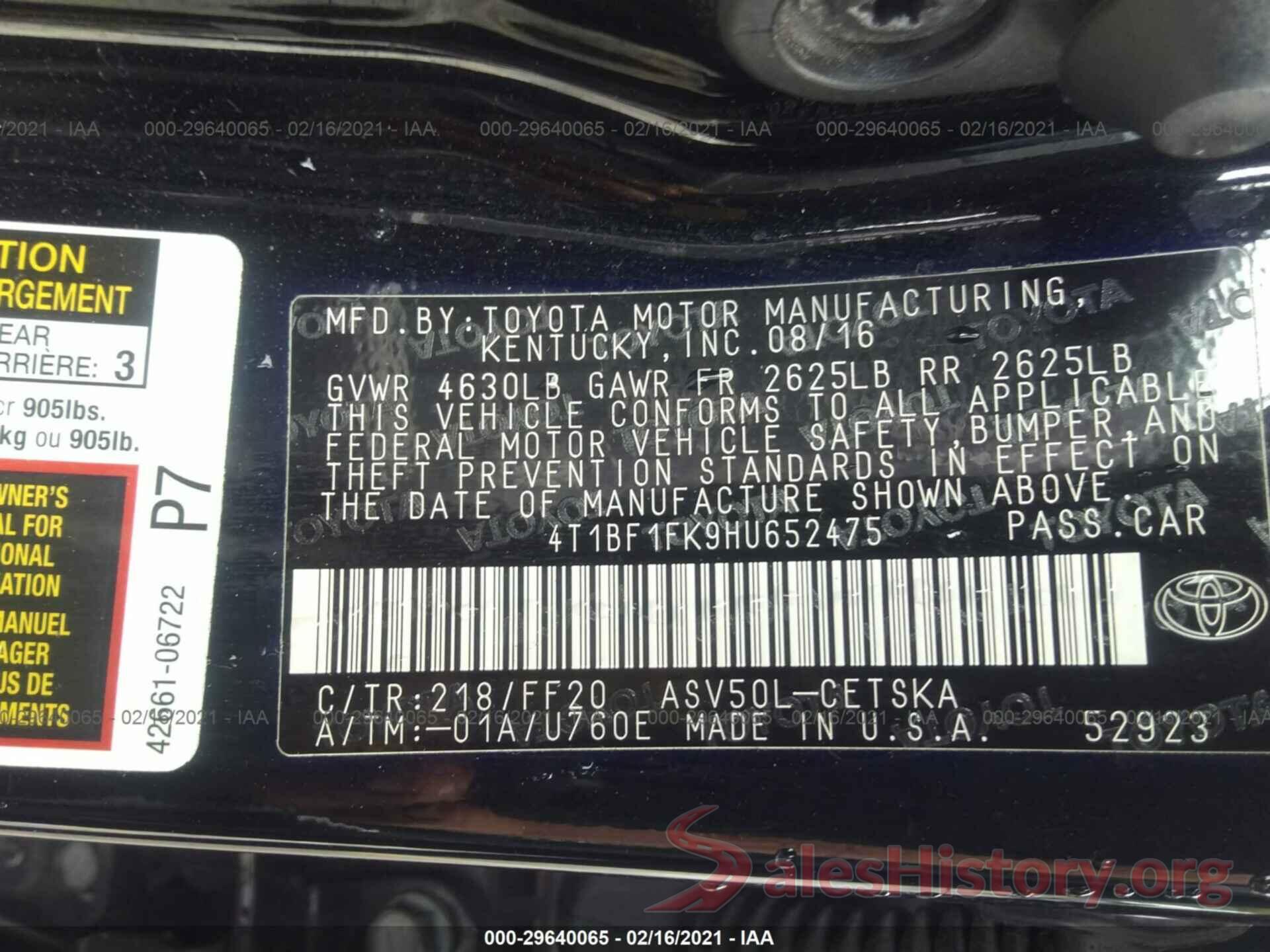 4T1BF1FK9HU652475 2017 TOYOTA CAMRY