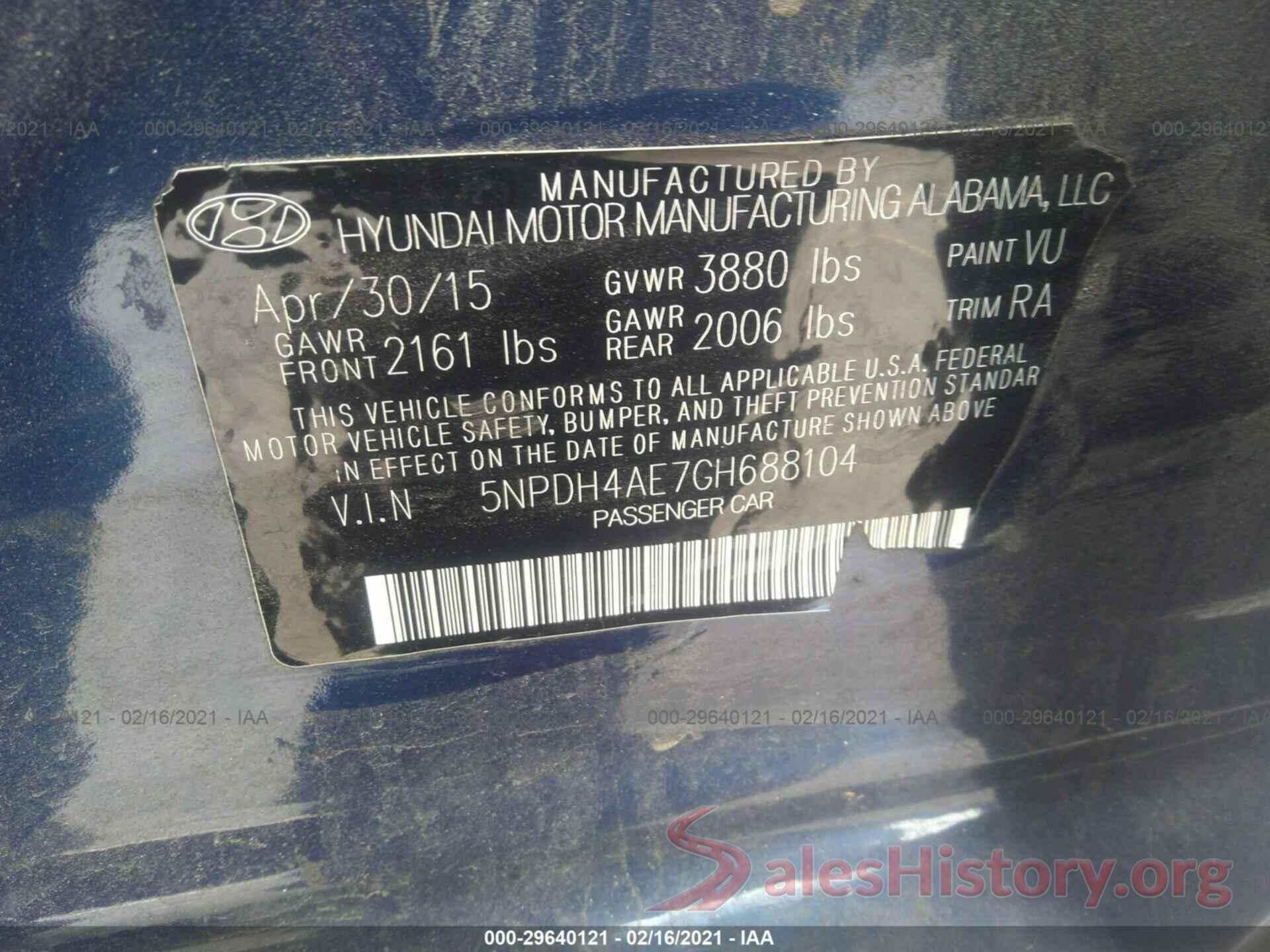 5NPDH4AE7GH688104 2016 HYUNDAI ELANTRA