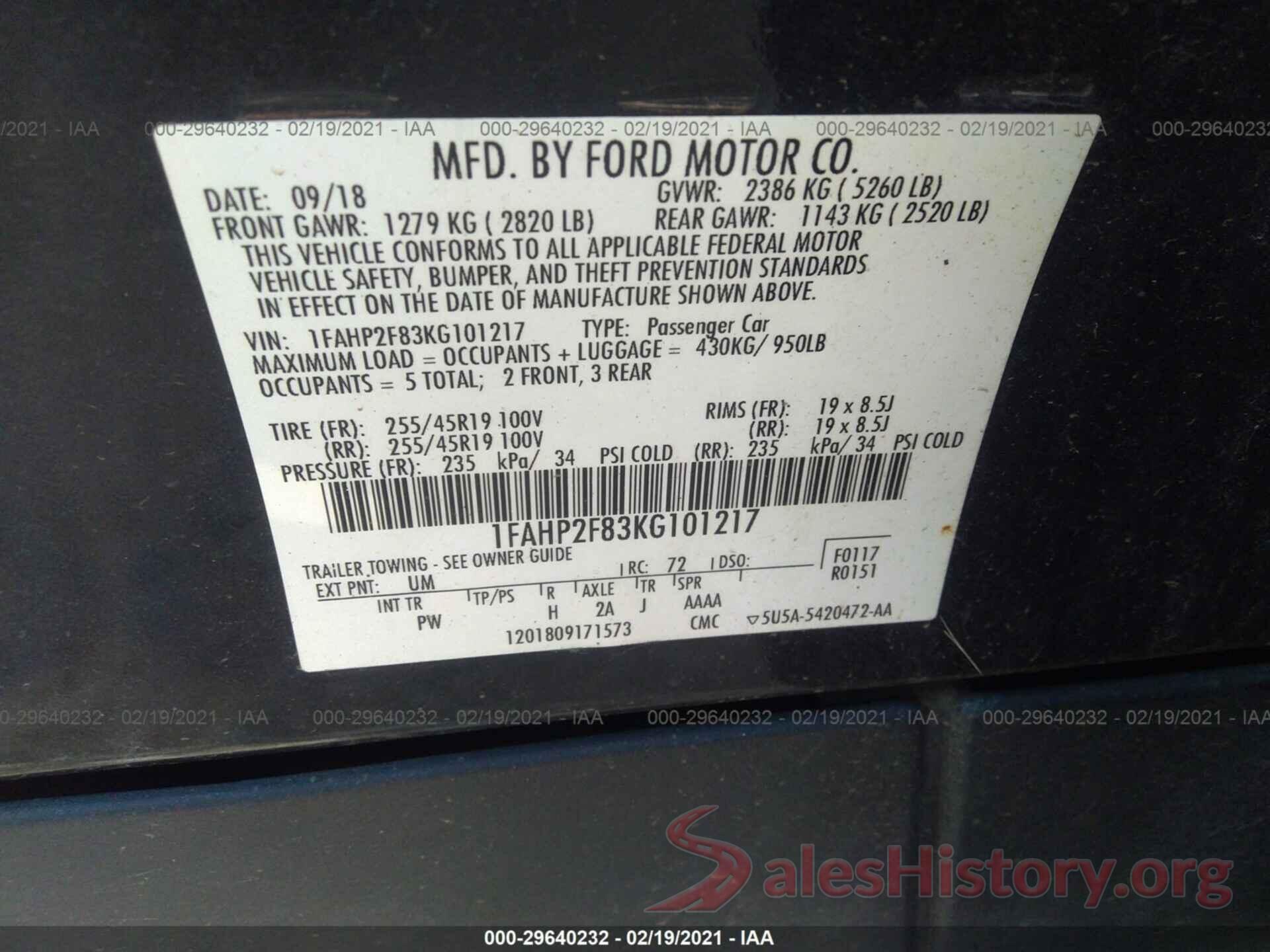 1FAHP2F83KG101217 2019 FORD TAURUS