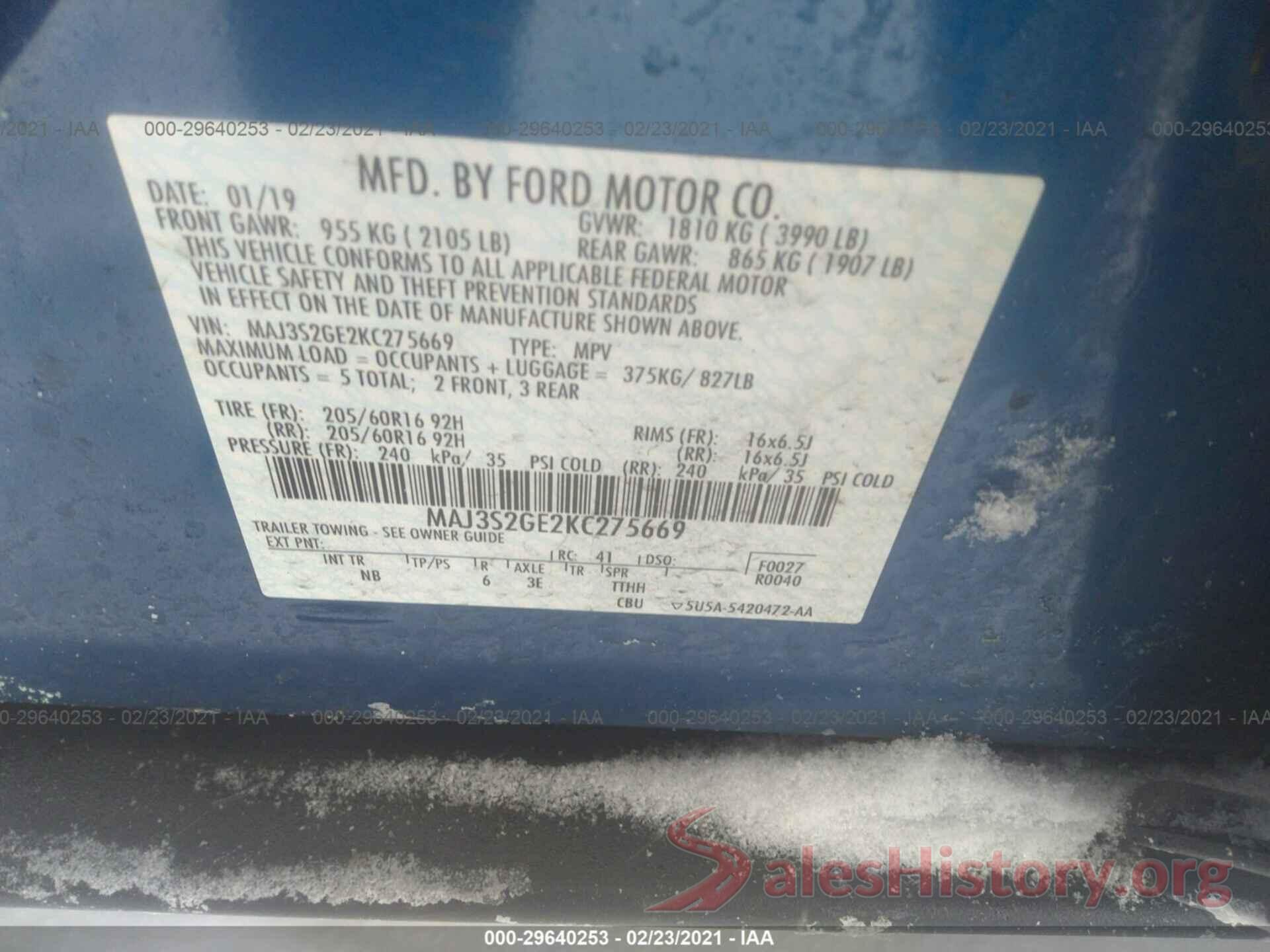 MAJ3S2GE2KC275669 2019 FORD ECOSPORT