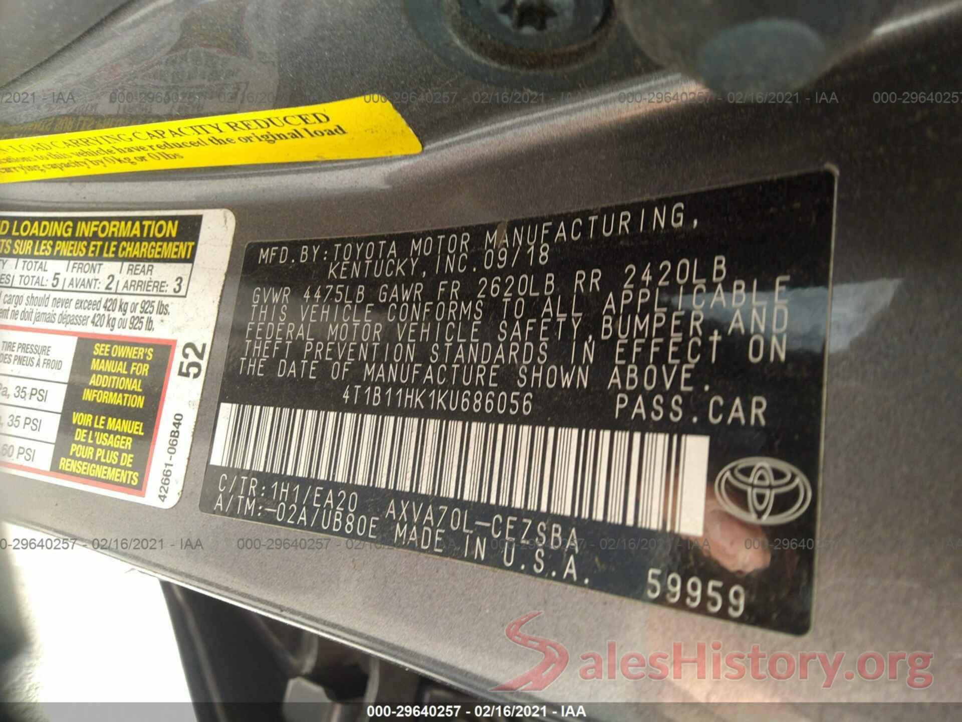 4T1B11HK1KU686056 2019 TOYOTA CAMRY