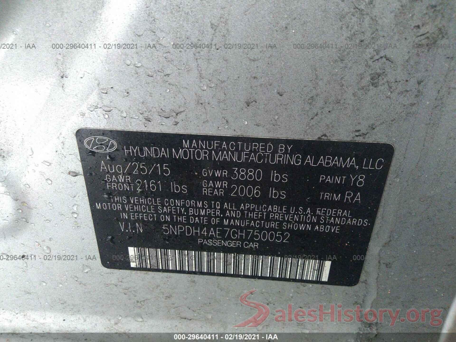 5NPDH4AE7GH750052 2016 HYUNDAI ELANTRA