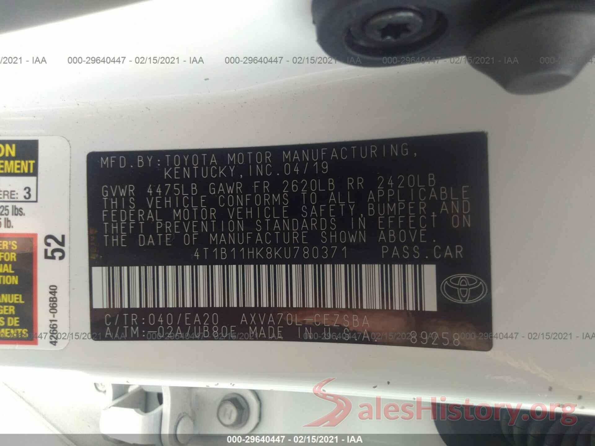 4T1B11HK8KU780371 2019 TOYOTA CAMRY