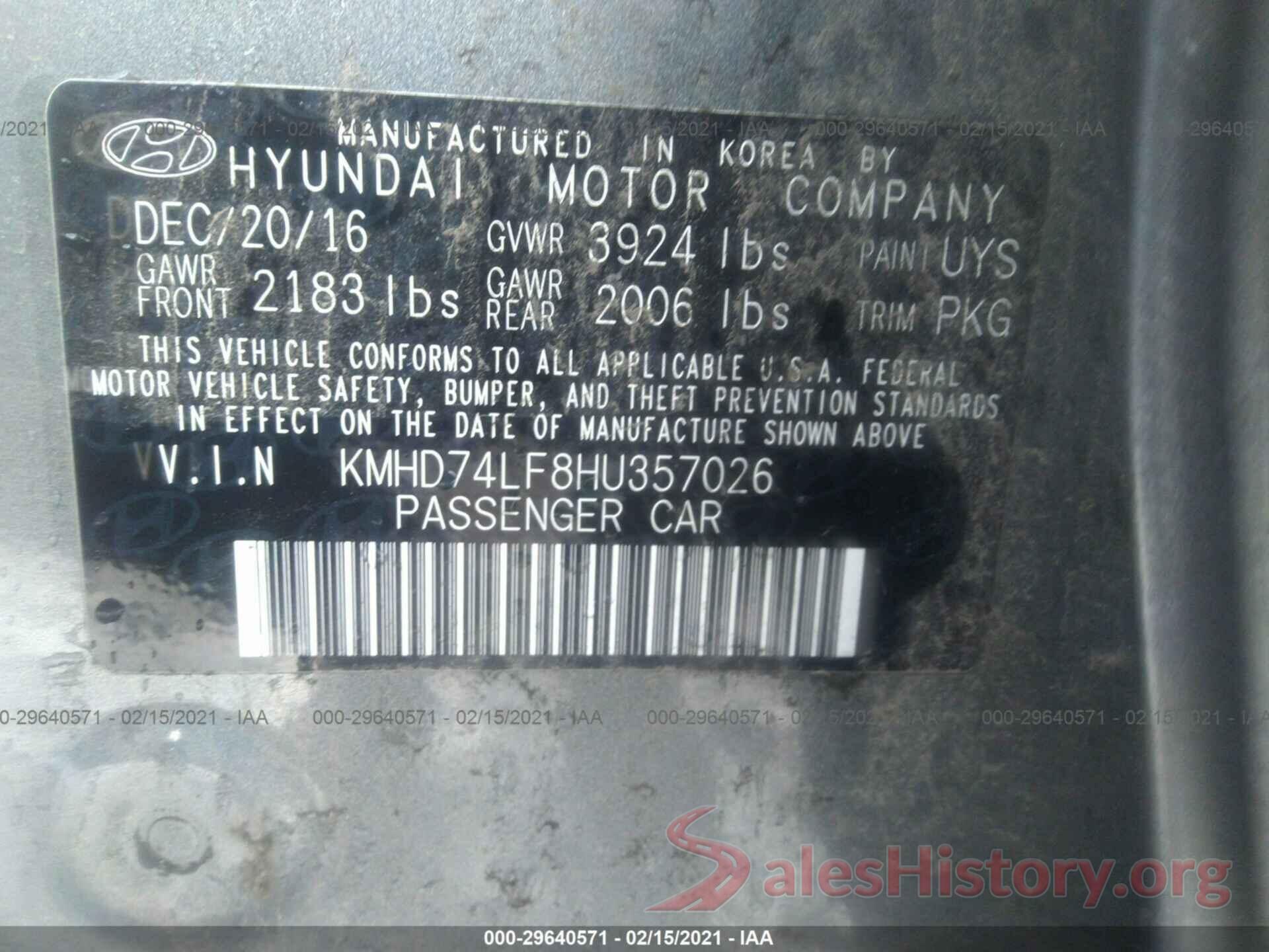 KMHD74LF8HU357026 2017 HYUNDAI ELANTRA