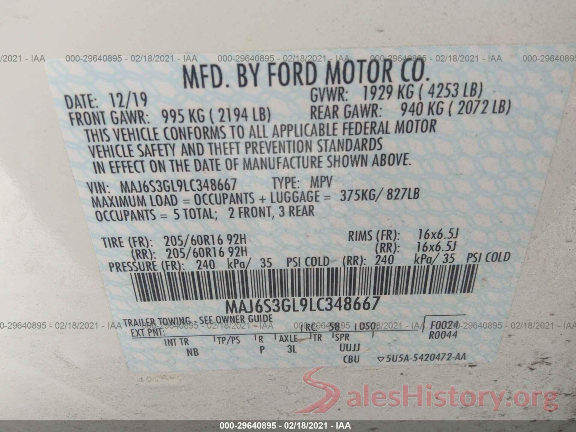 MAJ6S3GL9LC348667 2020 FORD ECOSPORT