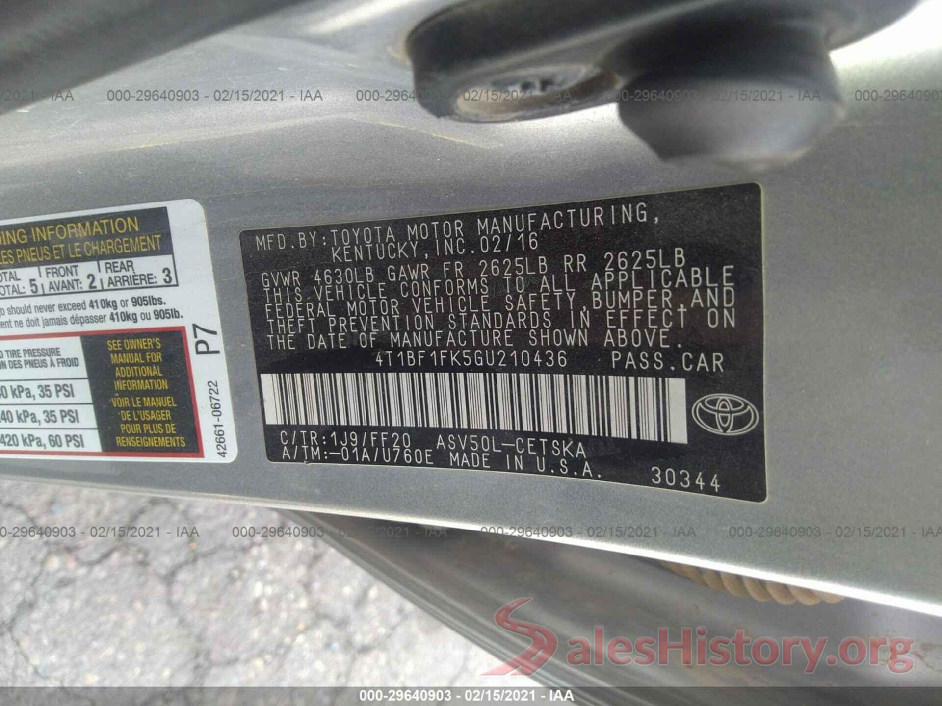 4T1BF1FK5GU210436 2016 TOYOTA CAMRY