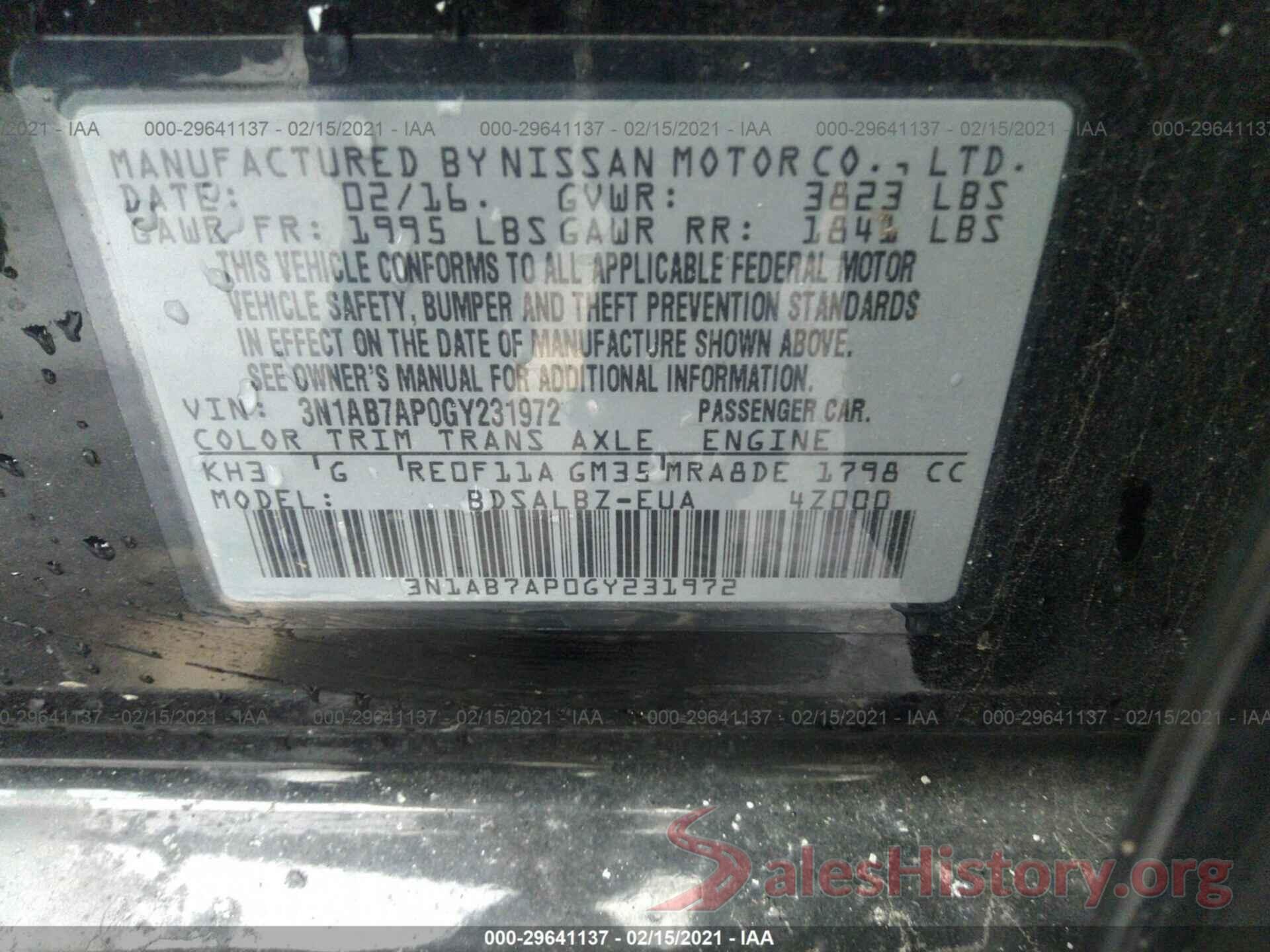 3N1AB7AP0GY231972 2016 NISSAN SENTRA