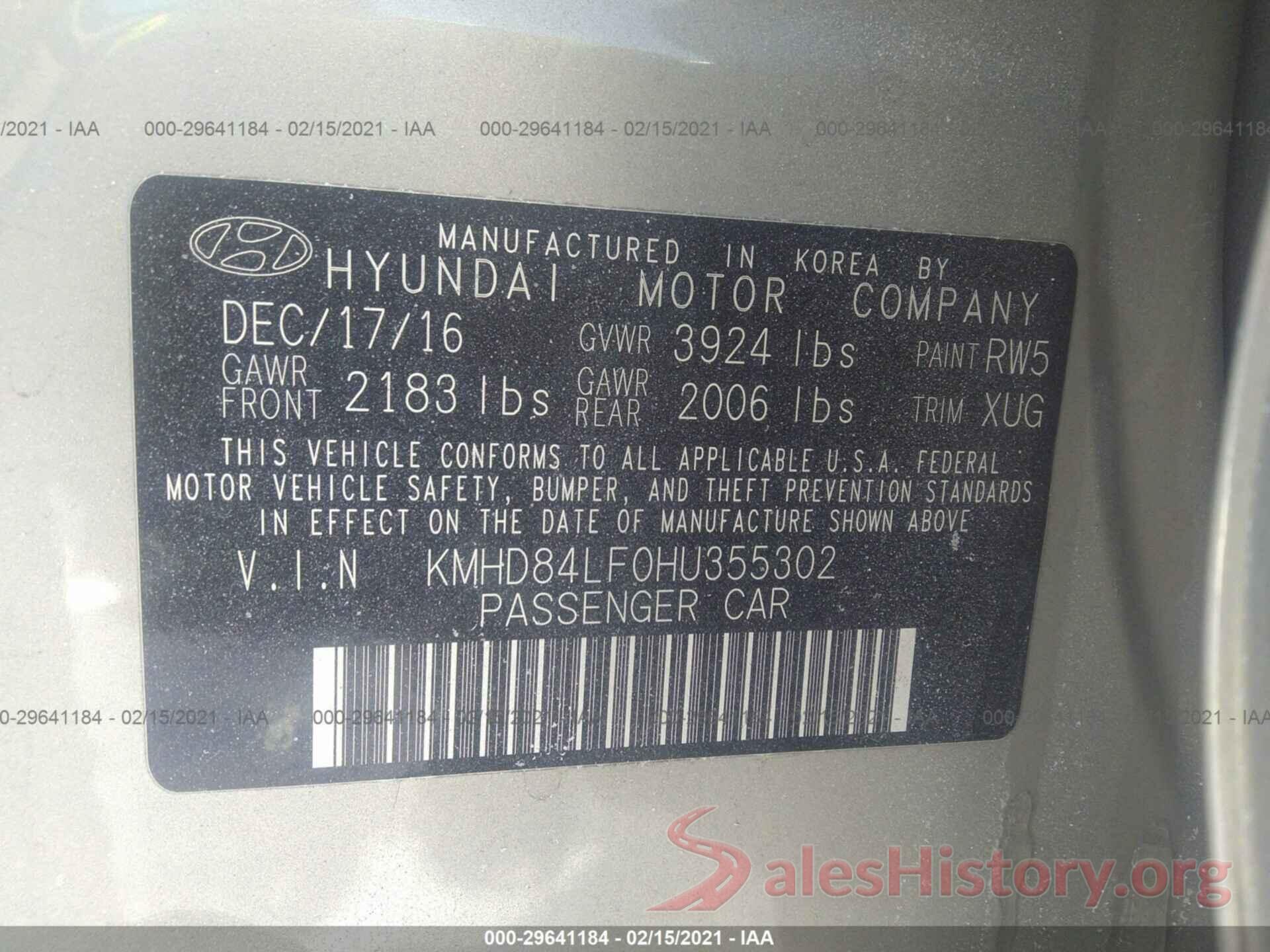 KMHD84LF0HU355302 2017 HYUNDAI ELANTRA