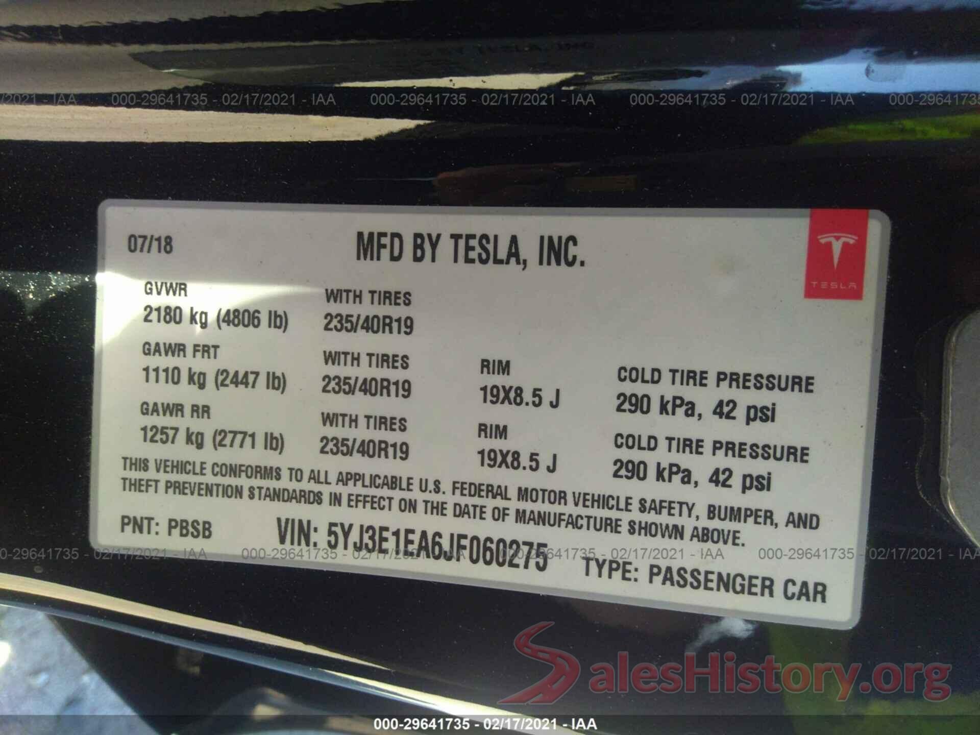 5YJ3E1EA6JF060275 2018 TESLA MODEL 3