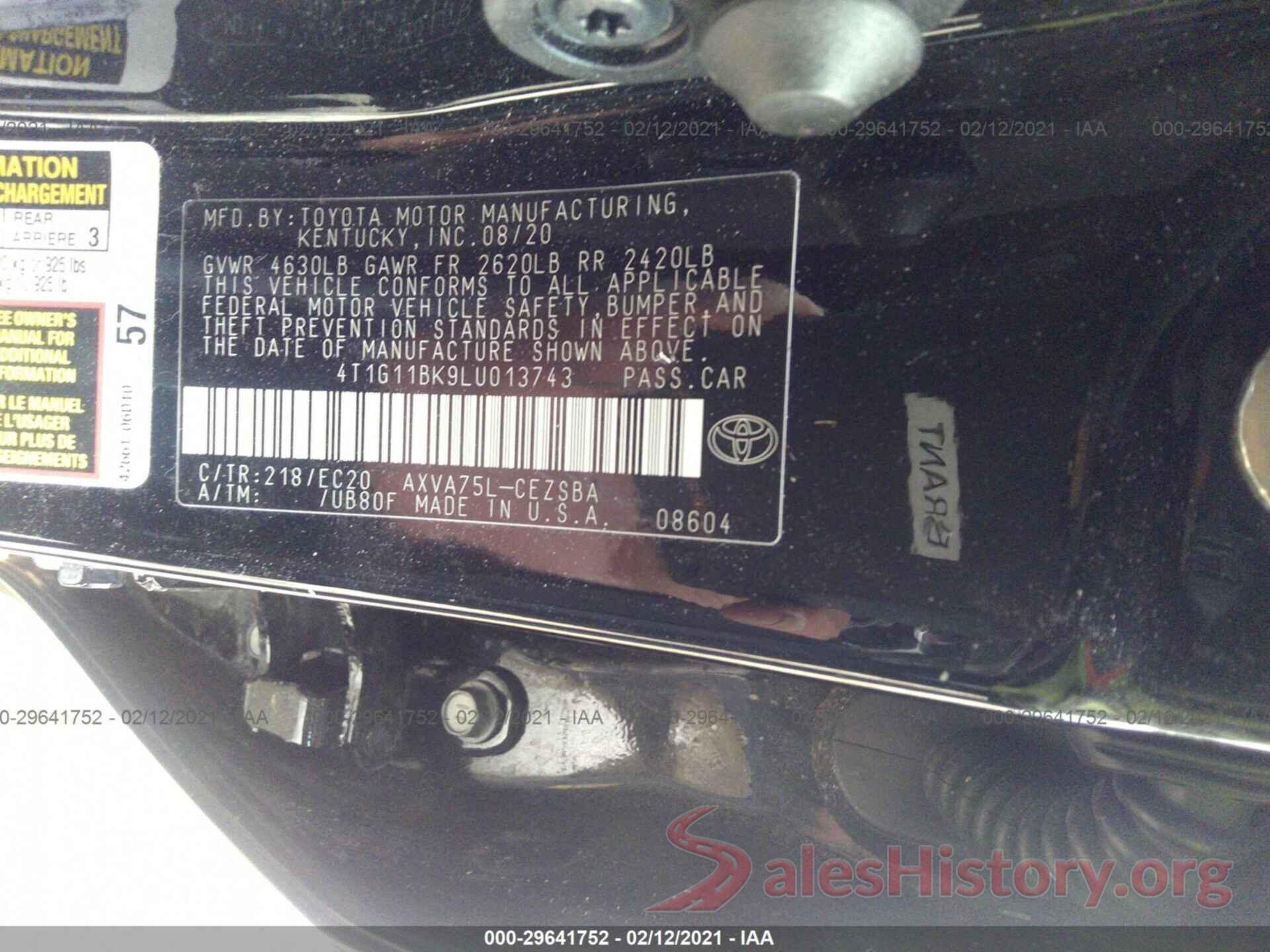 4T1G11BK9LU013743 2020 TOYOTA CAMRY