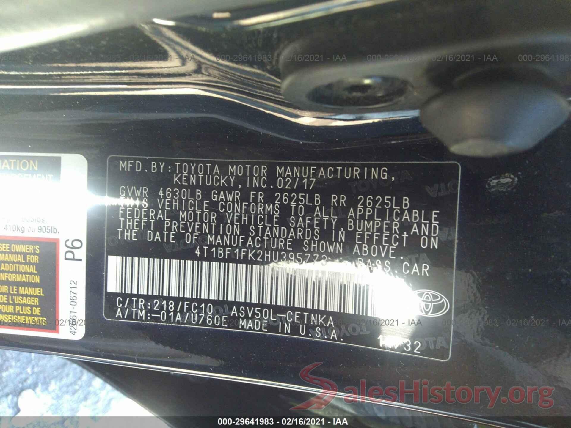 4T1BF1FK2HU395773 2017 TOYOTA CAMRY