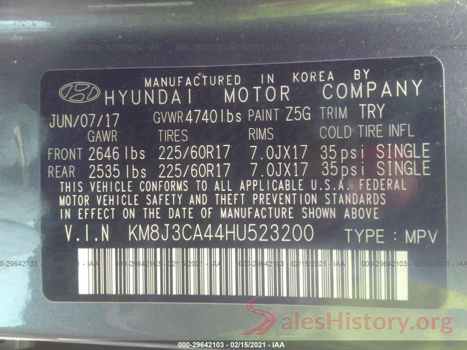 KM8J3CA44HU523200 2017 HYUNDAI TUCSON