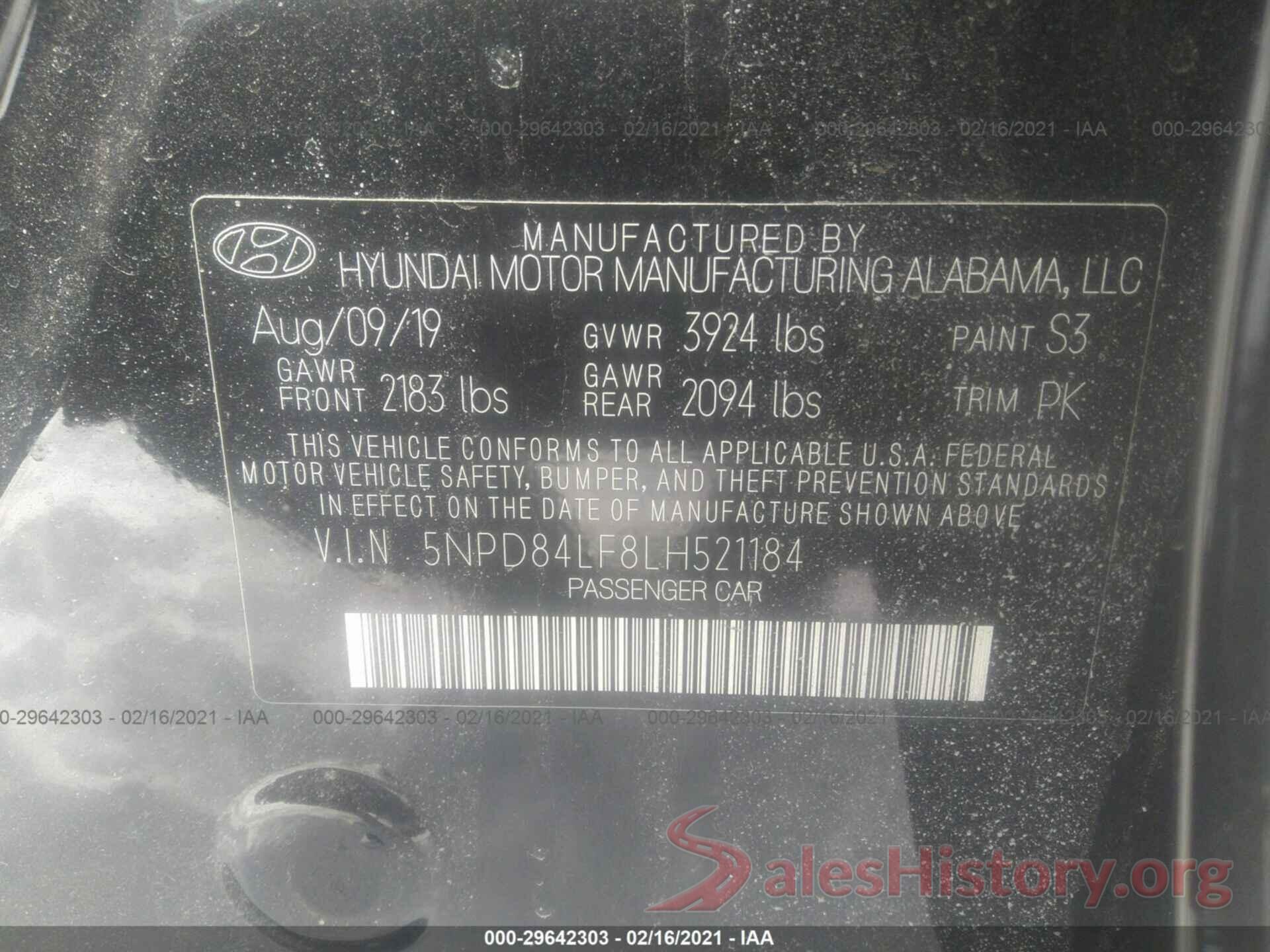 5NPD84LF8LH521184 2020 HYUNDAI ELANTRA