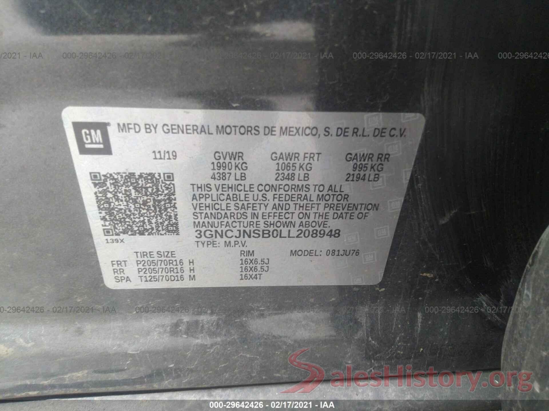 3GNCJNSB0LL208948 2020 CHEVROLET TRAX