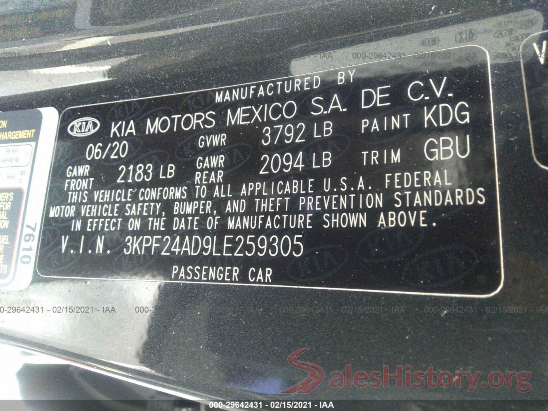 3KPF24AD9LE259305 2020 KIA FORTE