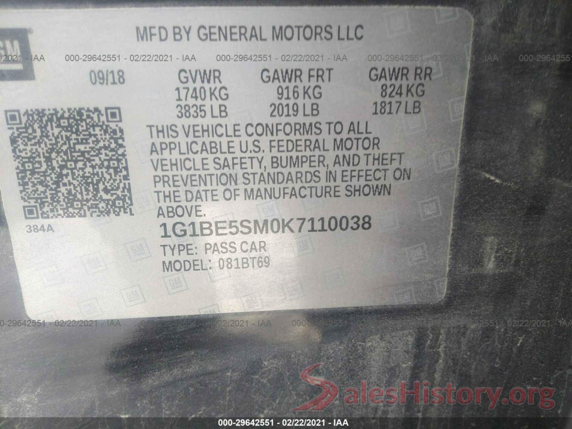 1G1BE5SM0K7110038 2019 CHEVROLET CRUZE