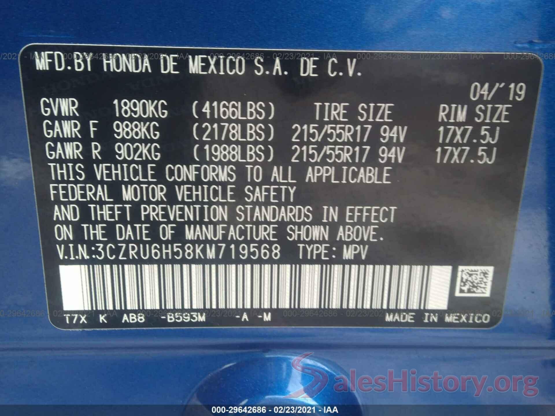 3CZRU6H58KM719568 2019 HONDA HR-V