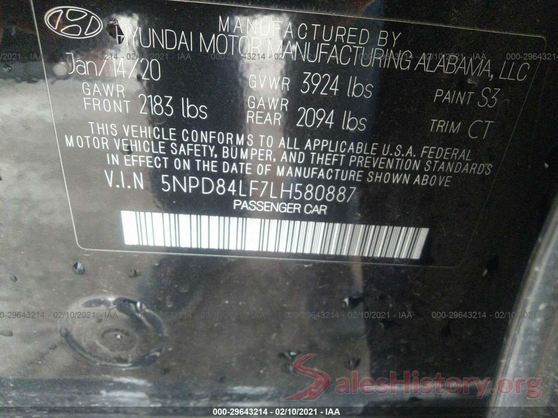 5NPD84LF7LH580887 2020 HYUNDAI ELANTRA