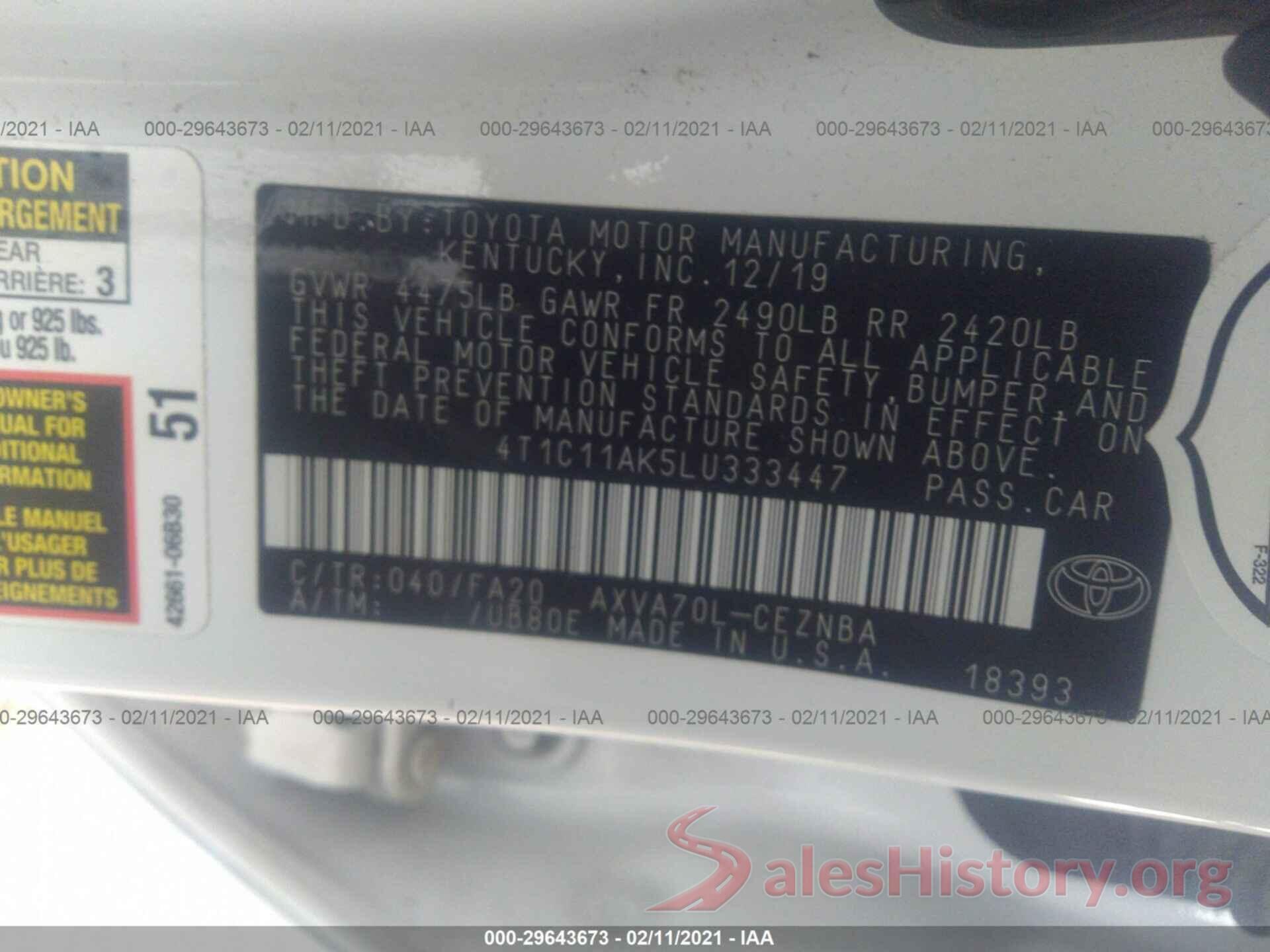 4T1C11AK5LU333447 2020 TOYOTA CAMRY