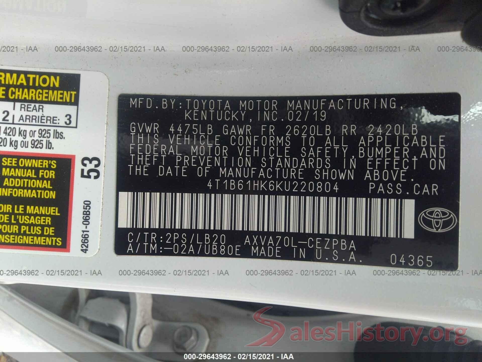 4T1B61HK6KU220804 2019 TOYOTA CAMRY