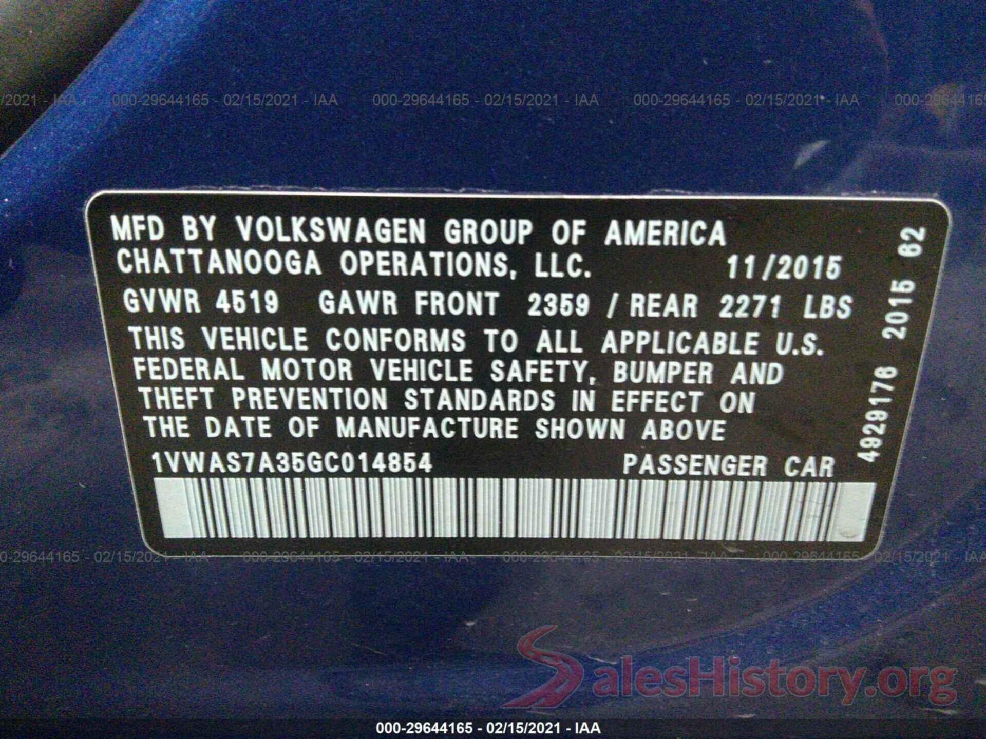 1VWAS7A35GC014854 2016 VOLKSWAGEN PASSAT