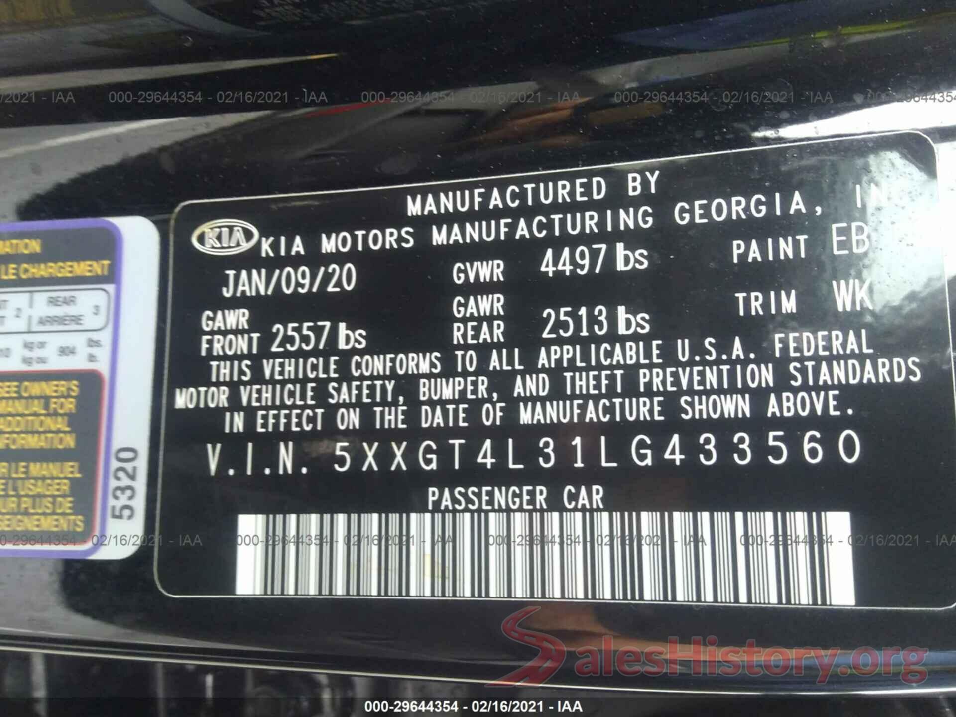 5XXGT4L31LG433560 2020 KIA OPTIMA