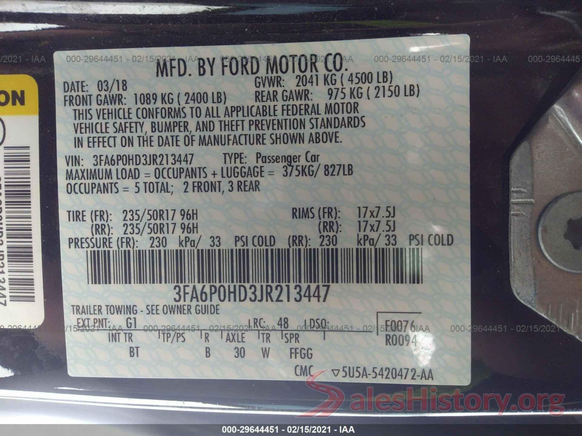 3FA6P0HD3JR213447 2018 FORD FUSION