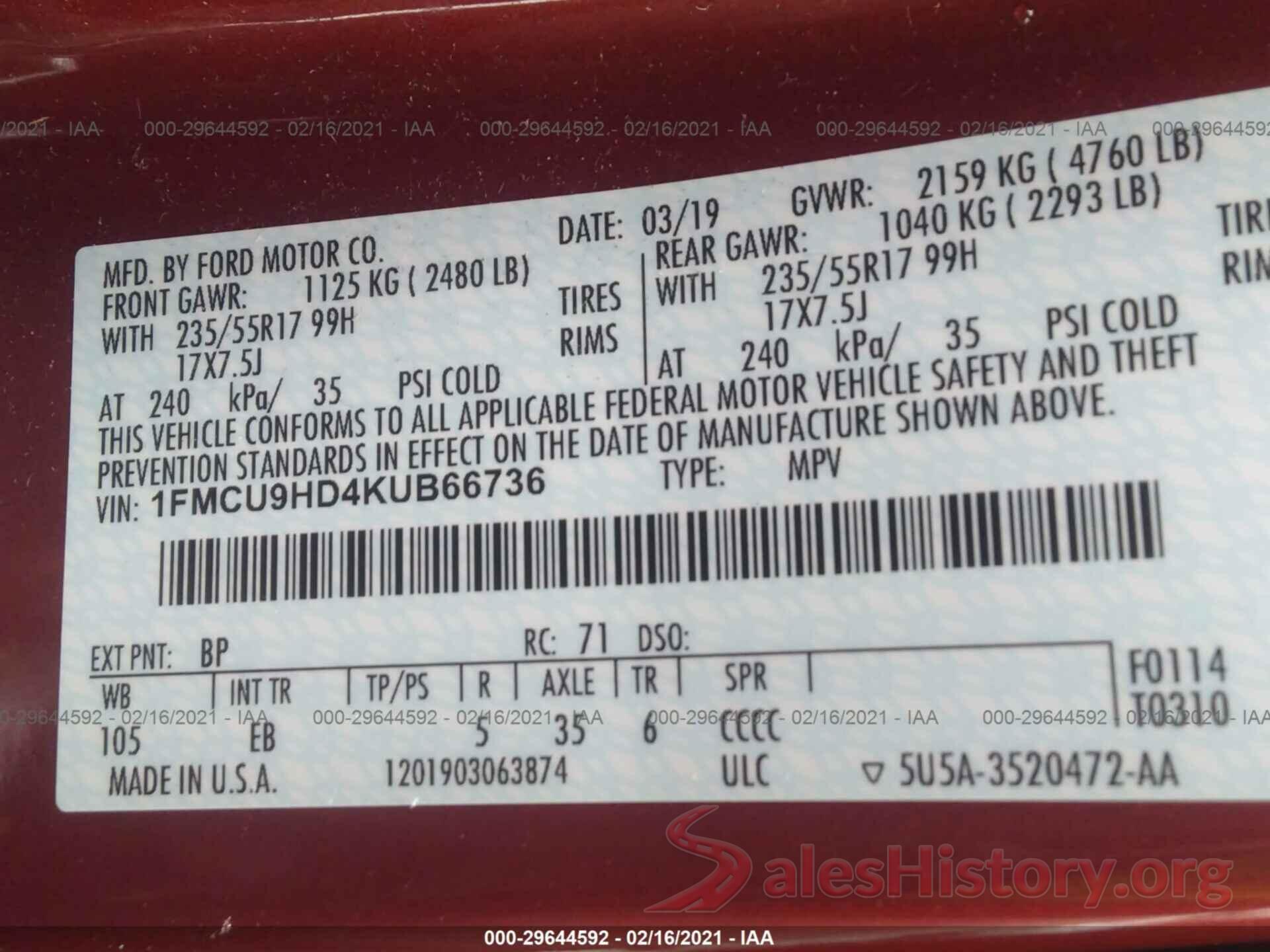 1FMCU9HD4KUB66736 2019 FORD ESCAPE