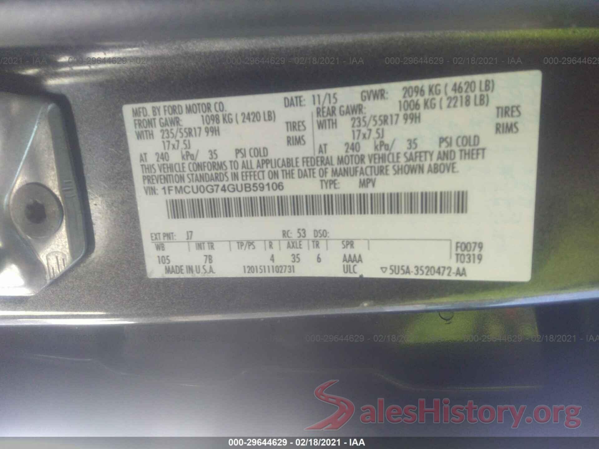 1FMCU0G74GUB59106 2016 FORD ESCAPE