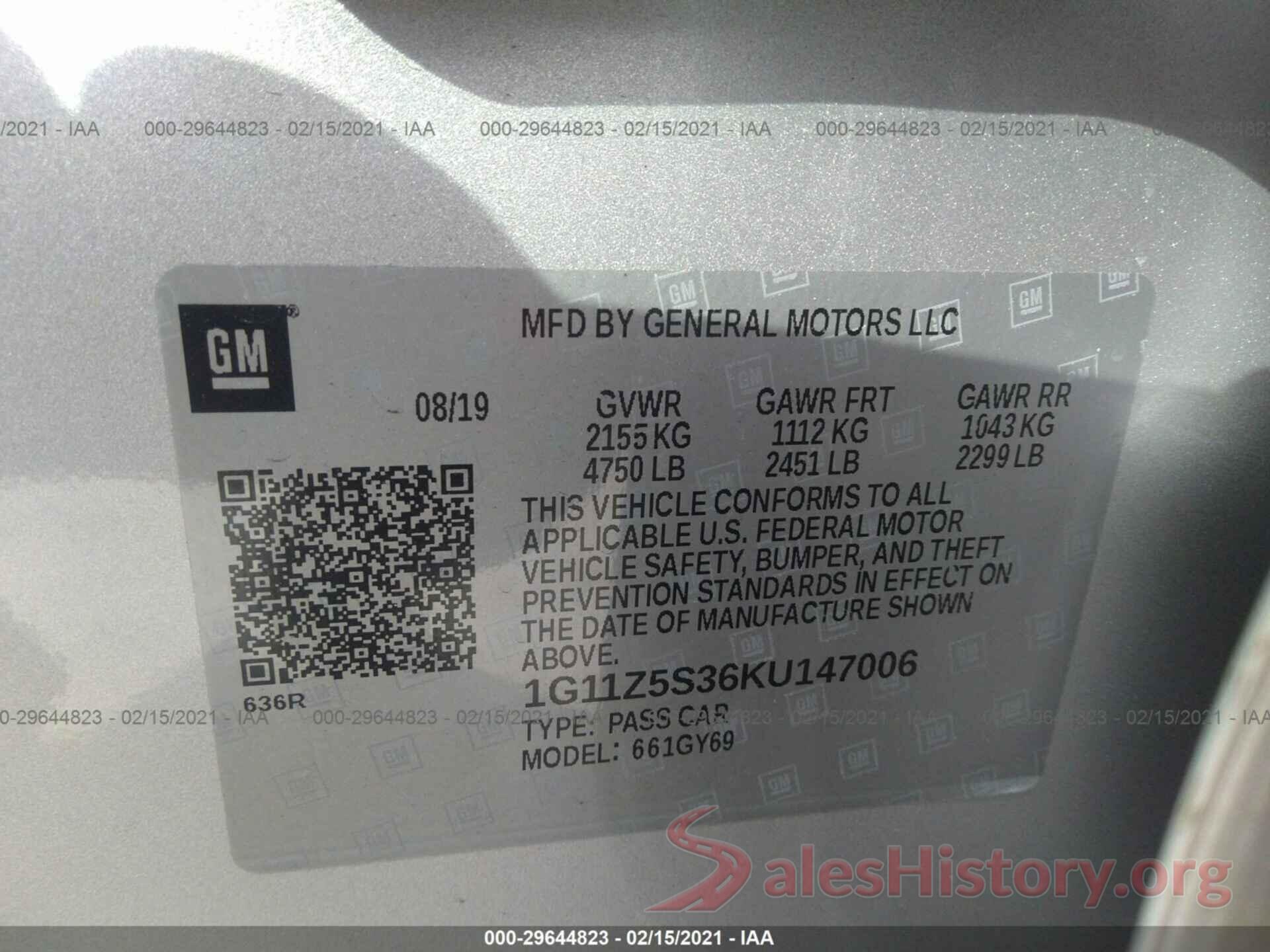 1G11Z5S36KU147006 2019 CHEVROLET IMPALA