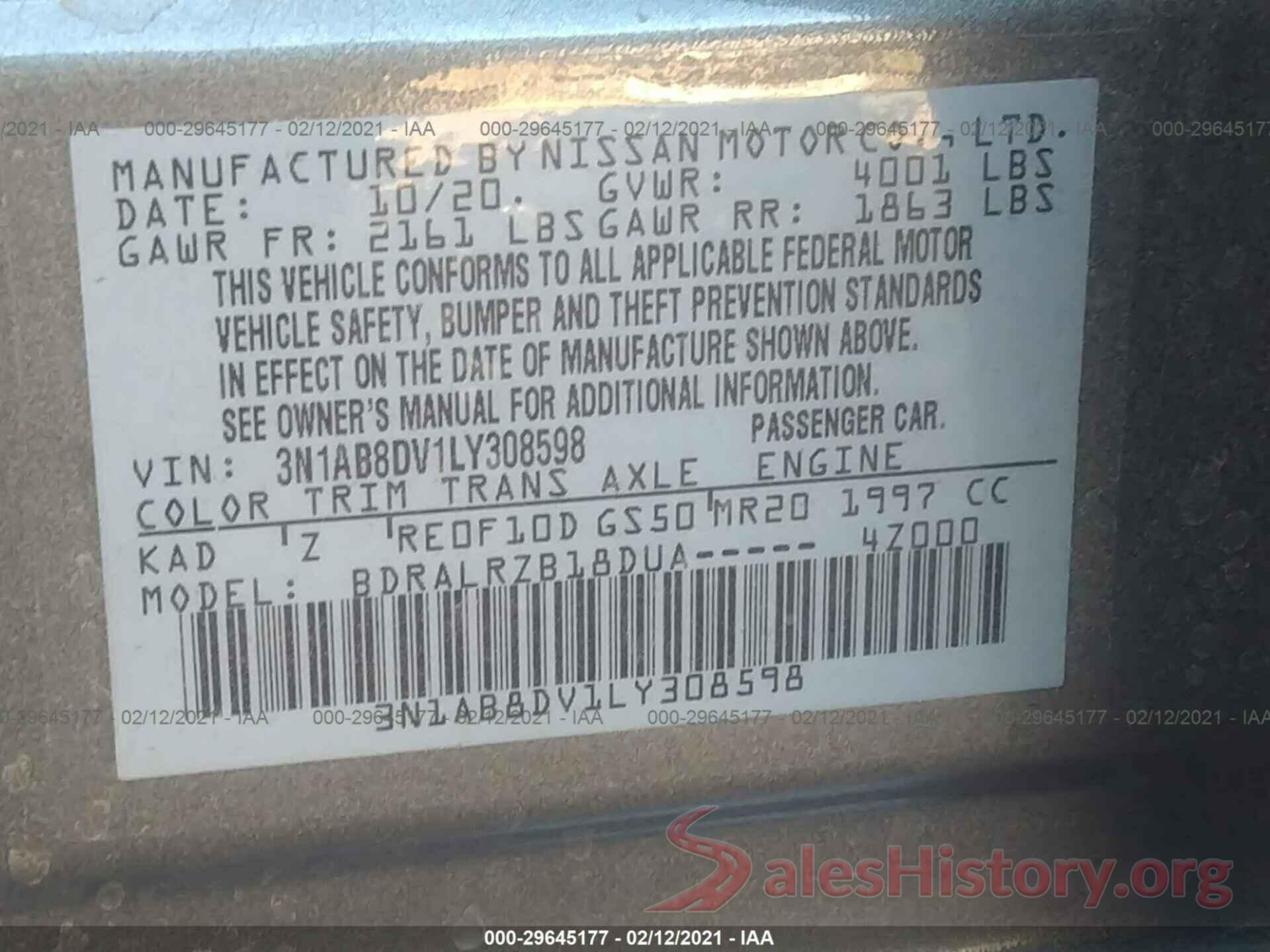 3N1AB8DV1LY308598 2020 NISSAN SENTRA