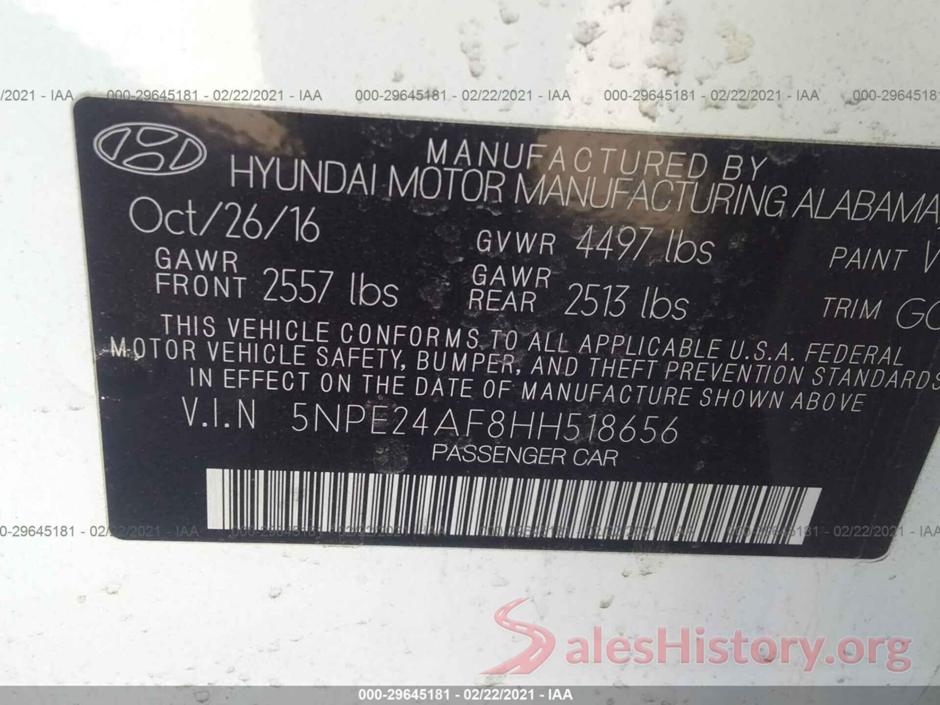 5NPE24AF8HH518656 2017 HYUNDAI SONATA