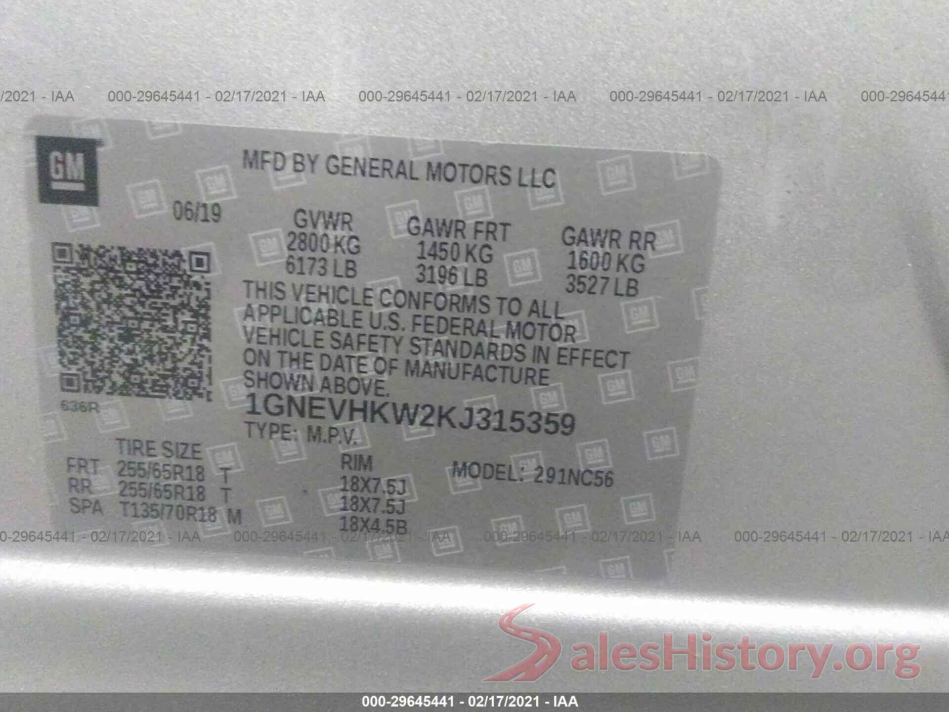 1GNEVHKW2KJ315359 2019 CHEVROLET TRAVERSE