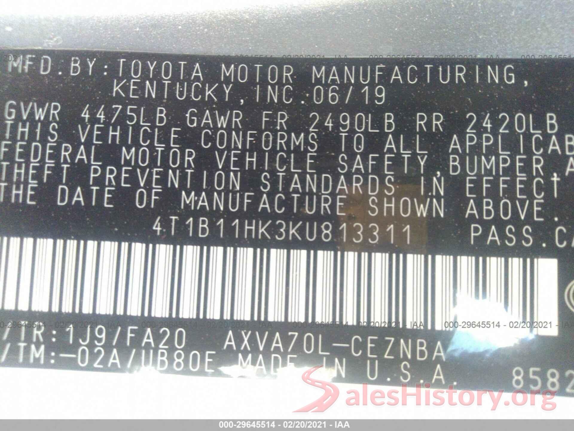 4T1B11HK3KU813311 2019 TOYOTA CAMRY