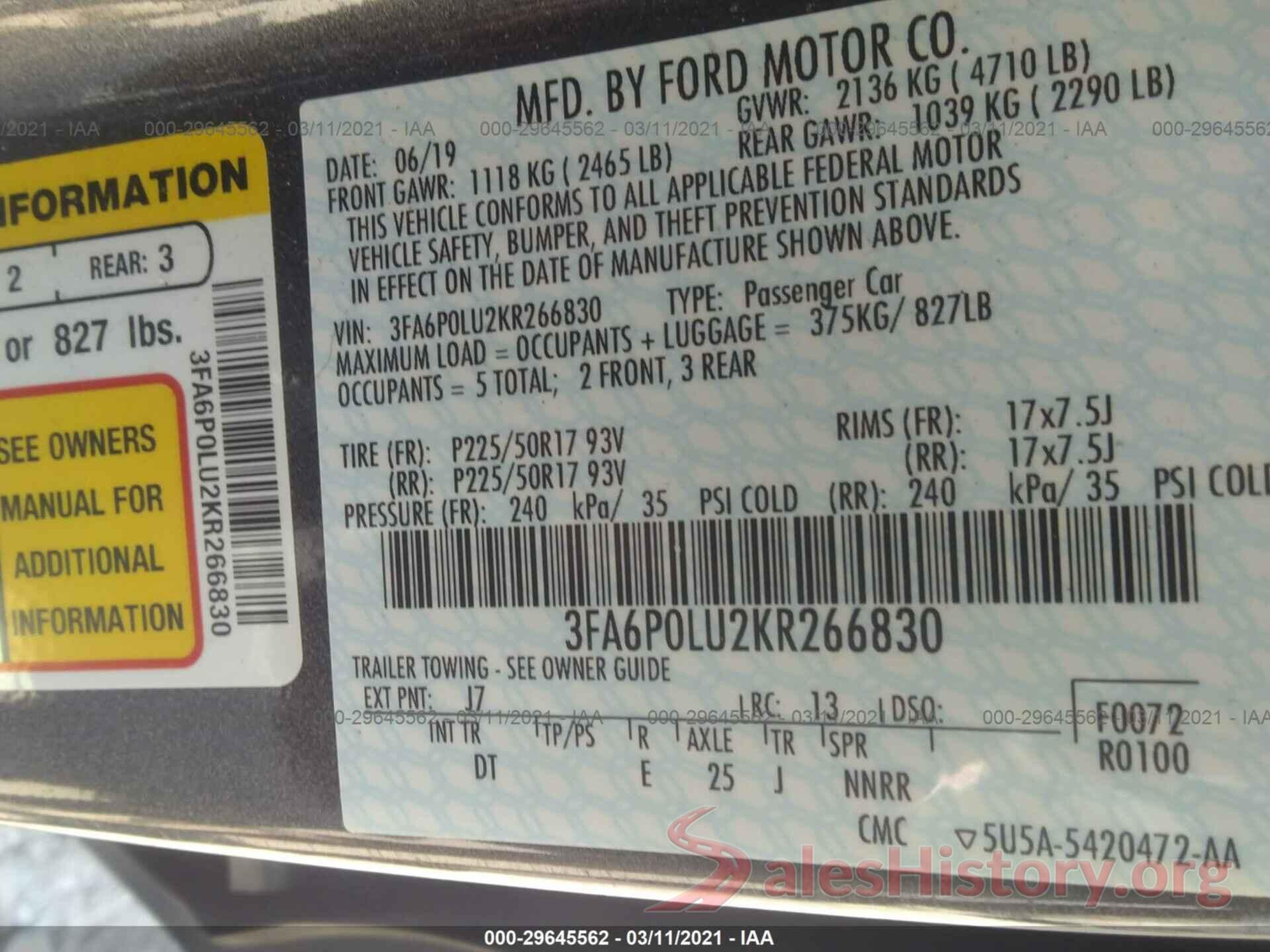 3FA6P0LU2KR266830 2019 FORD FUSION HYBRID