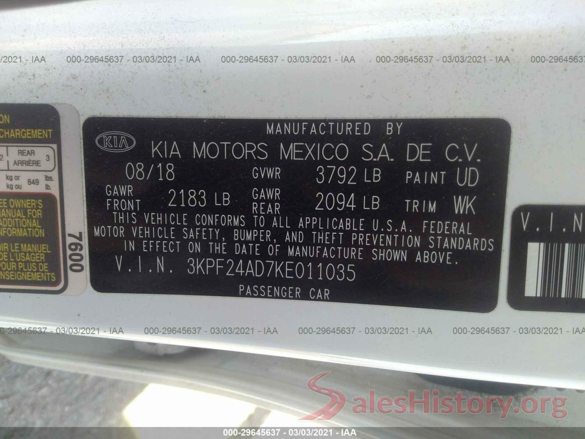 3KPF24AD7KE011035 2019 KIA FORTE