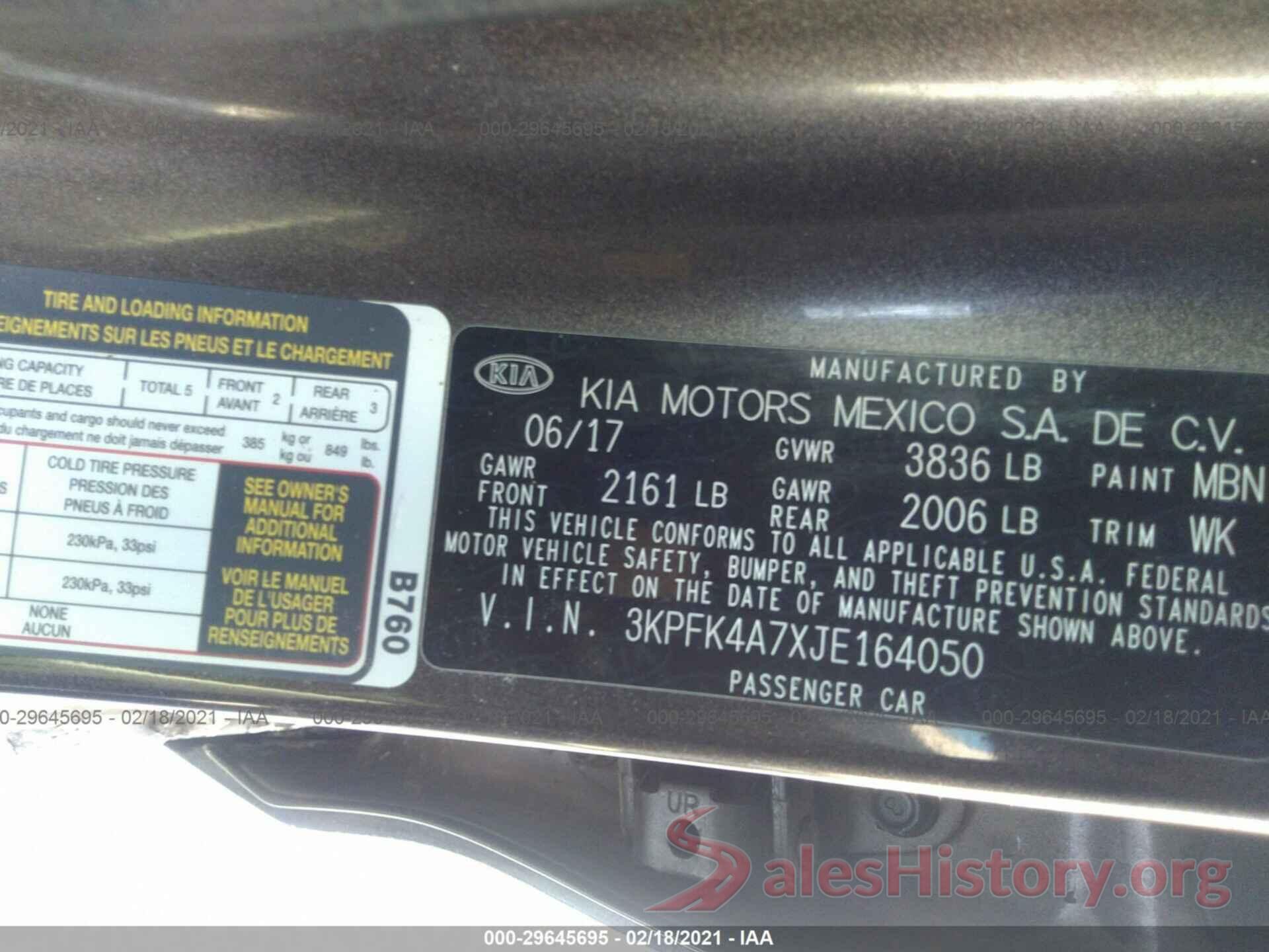 3KPFK4A7XJE164050 2018 KIA FORTE