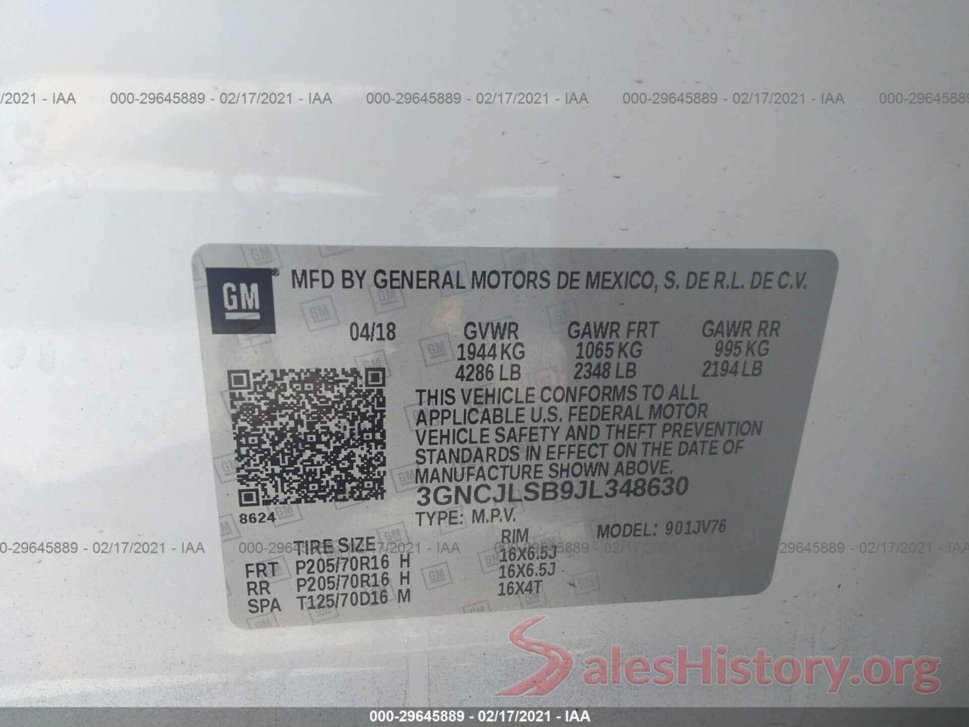 3GNCJLSB9JL348630 2018 CHEVROLET TRAX