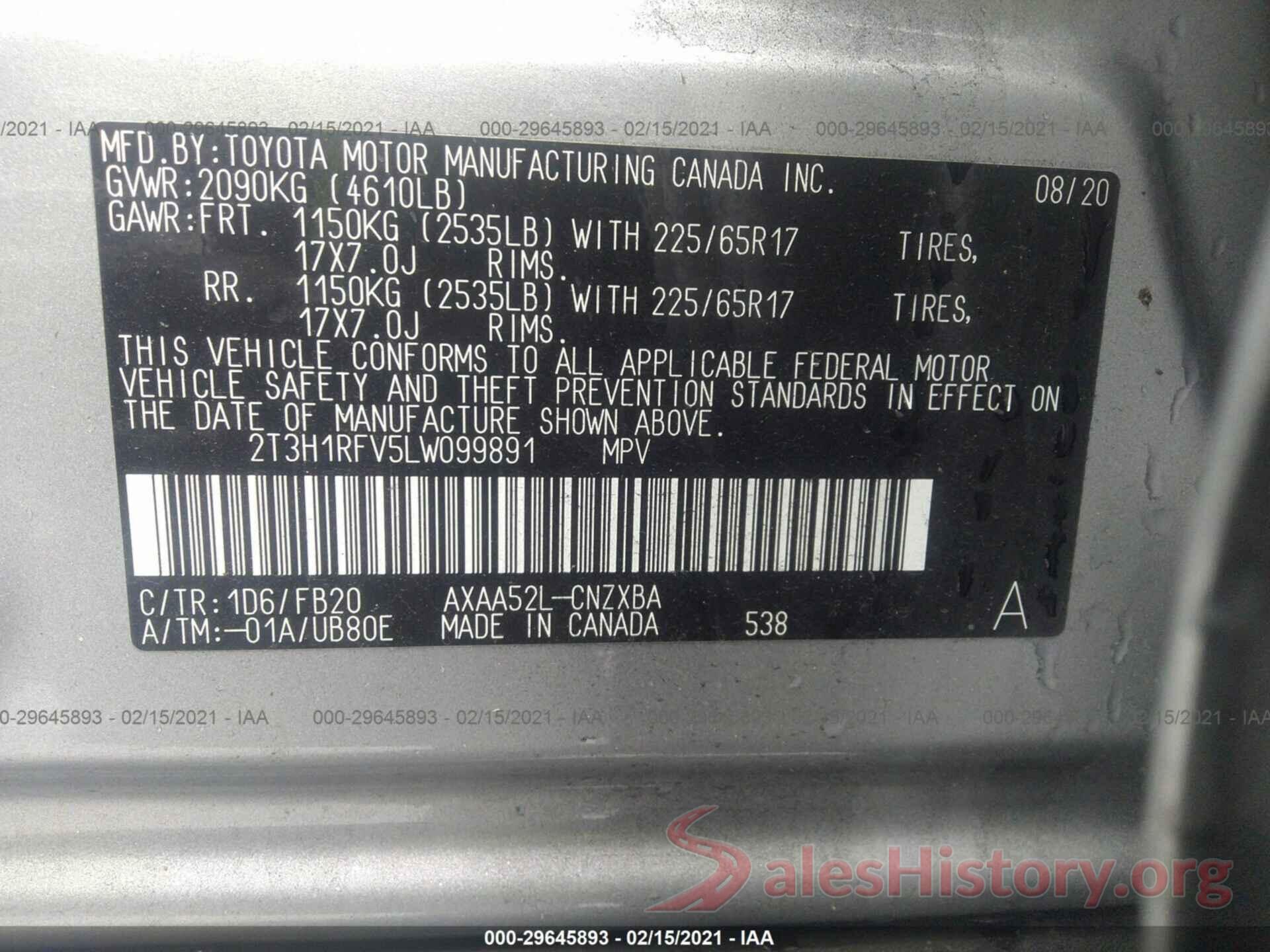 2T3H1RFV5LW099891 2020 TOYOTA RAV4