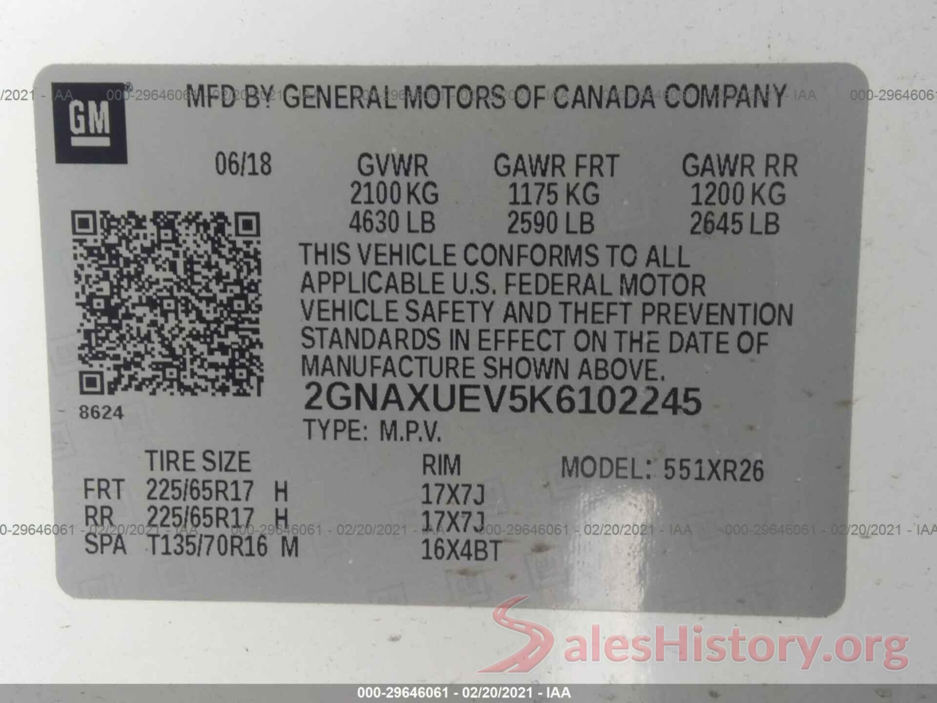 2GNAXUEV5K6102245 2019 CHEVROLET EQUINOX