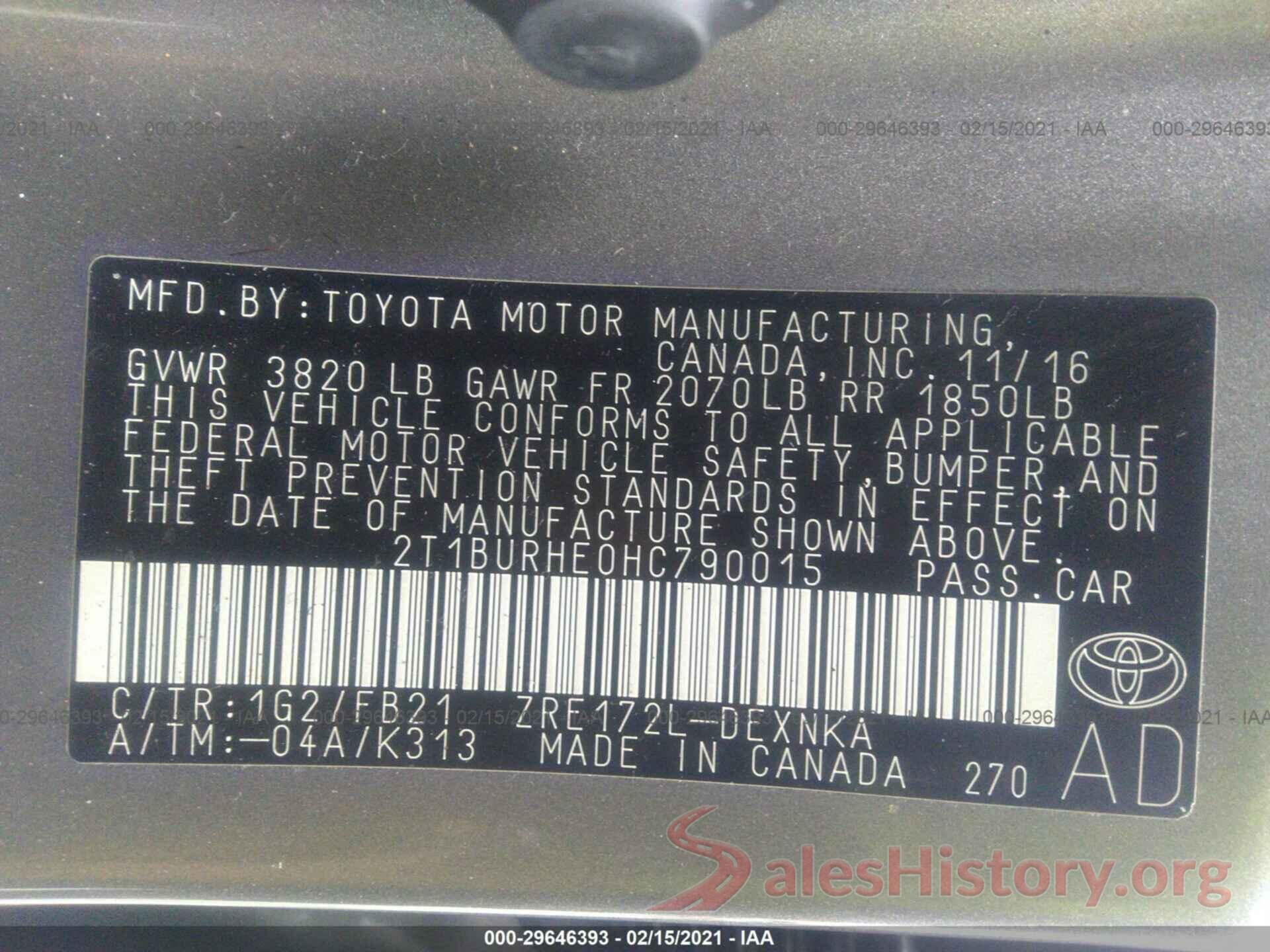 2T1BURHE0HC790015 2017 TOYOTA COROLLA