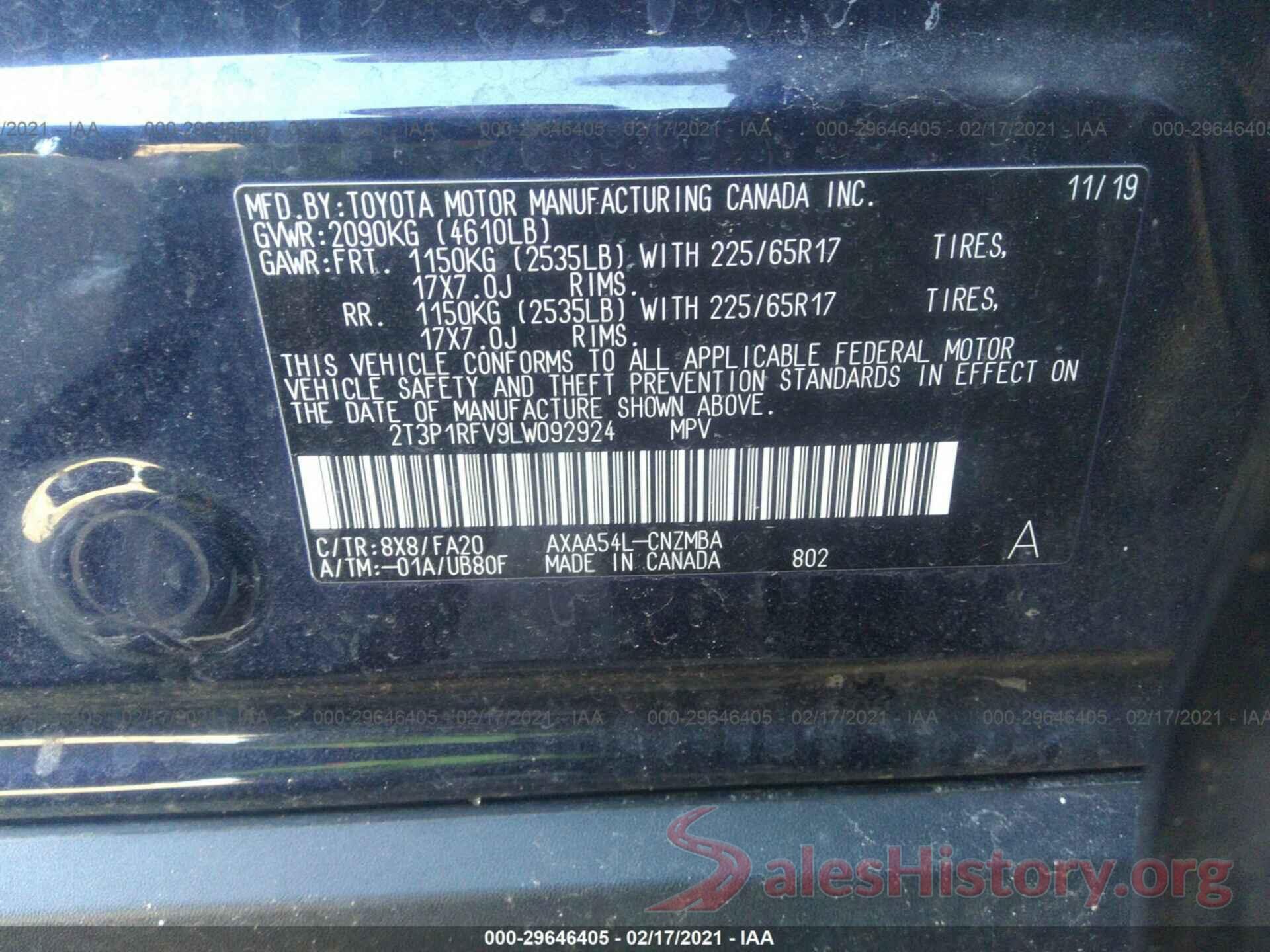 2T3P1RFV9LW092924 2020 TOYOTA RAV4