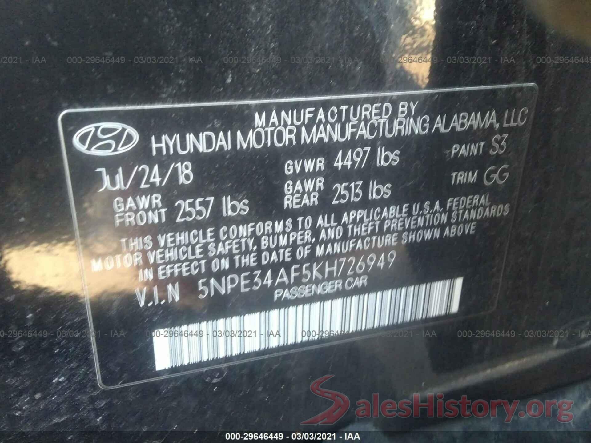 5NPE34AF5KH726949 2019 HYUNDAI SONATA