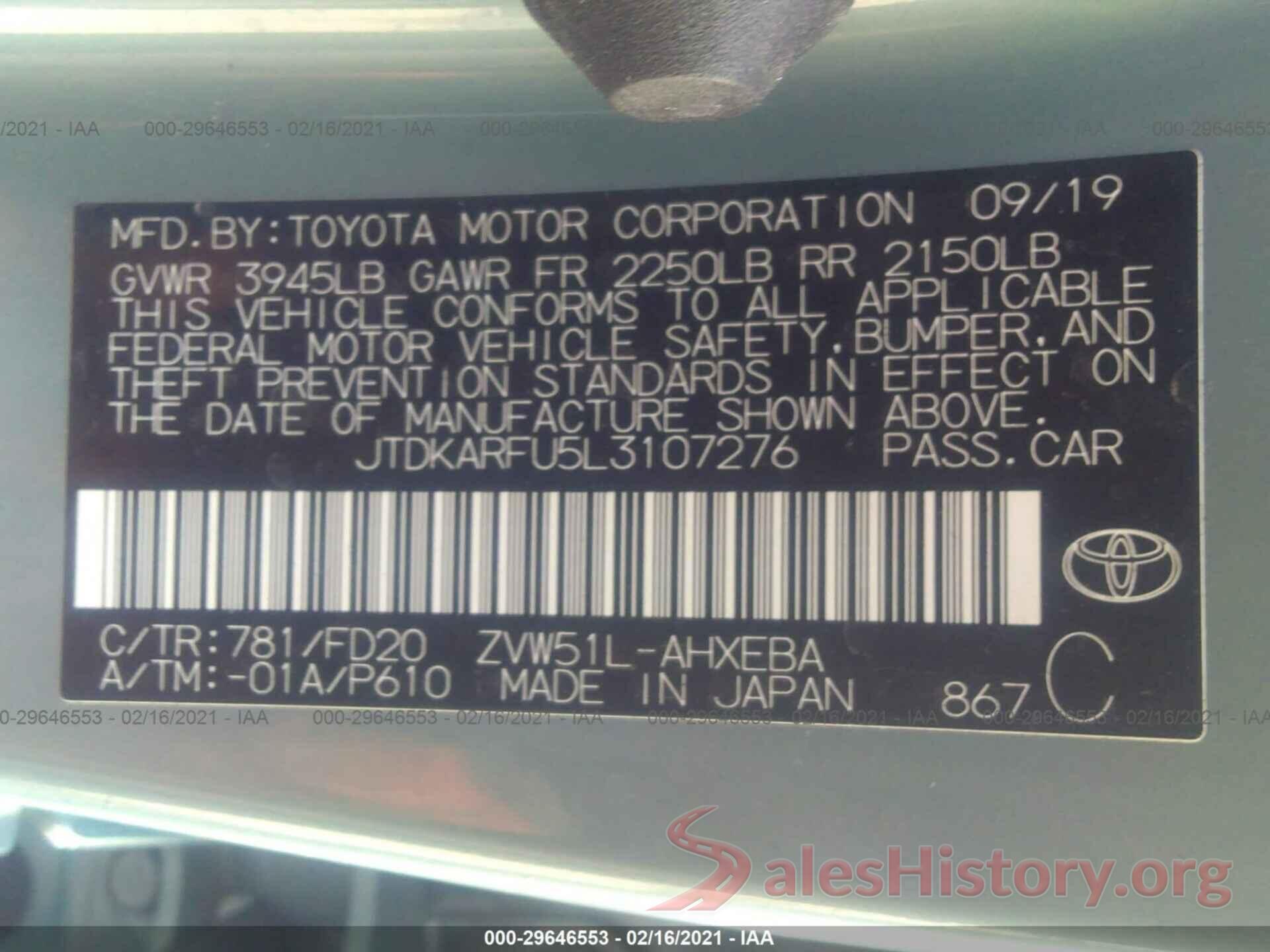 JTDKARFU5L3107276 2020 TOYOTA PRIUS