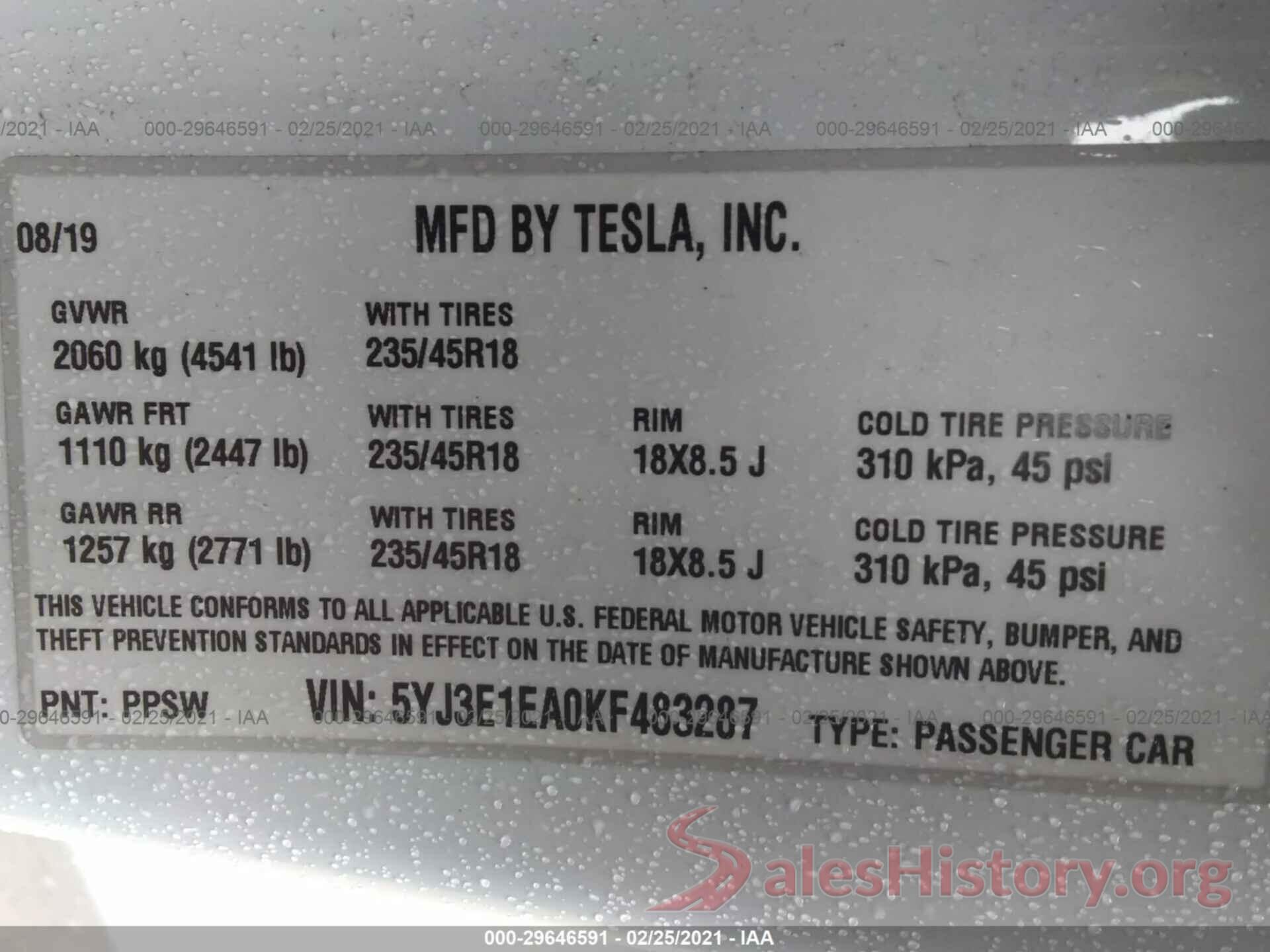 5YJ3E1EA0KF483287 2019 TESLA MODEL 3