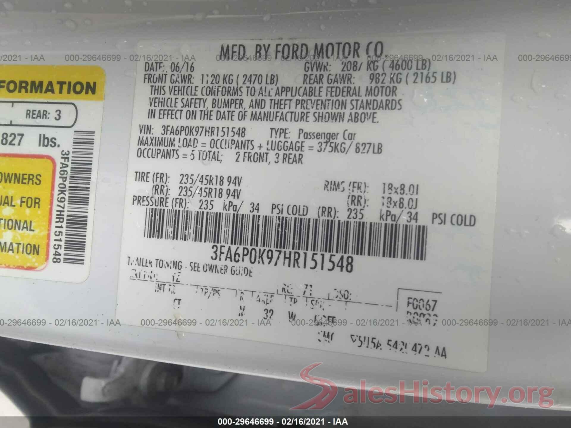 3FA6P0K97HR151548 2017 FORD FUSION