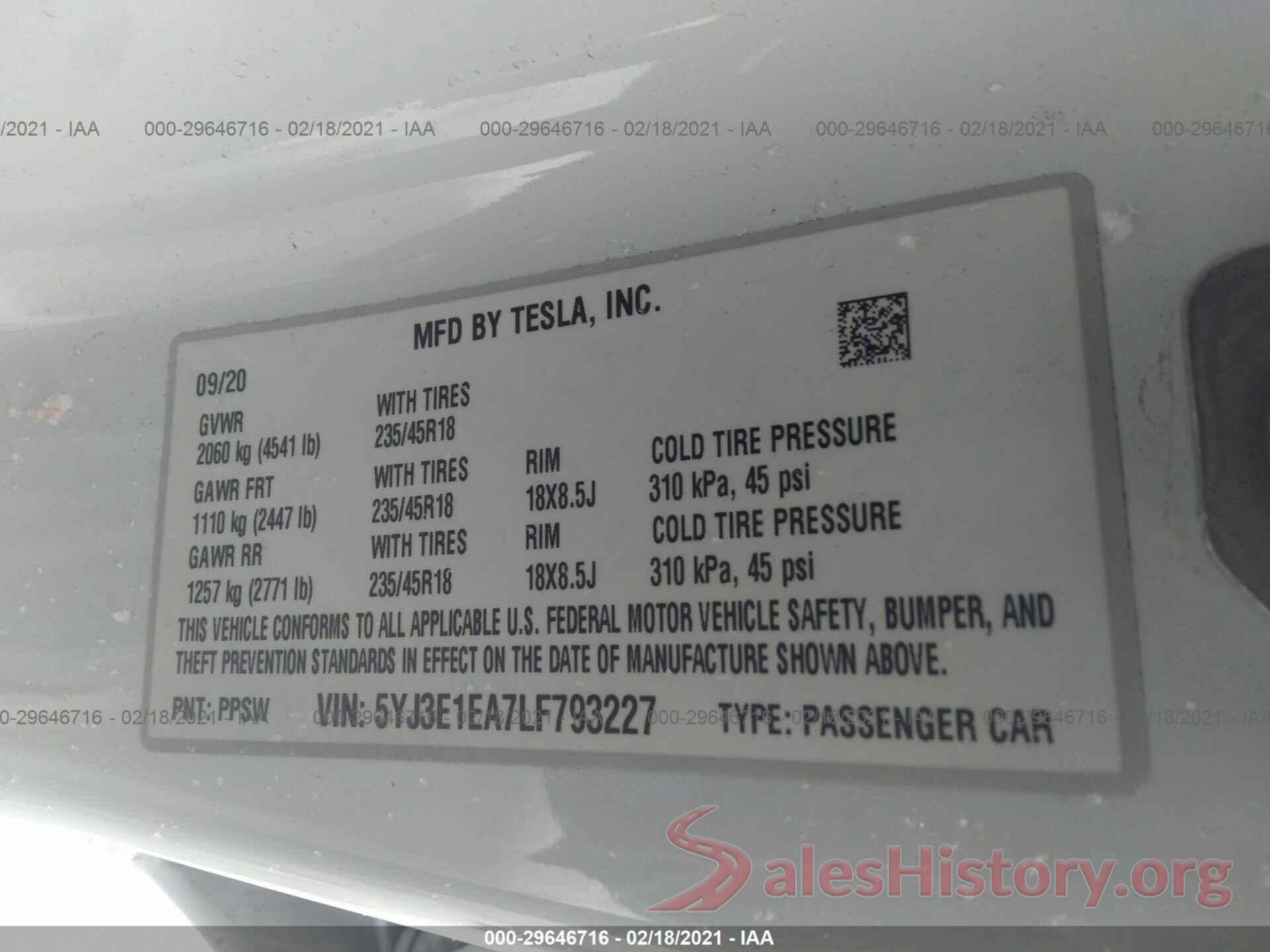 5YJ3E1EA7LF793227 2020 TESLA MODEL 3