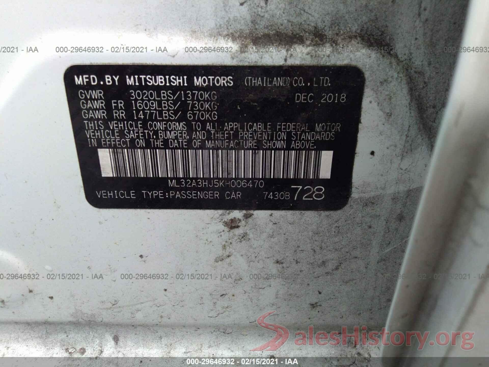 ML32A3HJ5KH006470 2019 MITSUBISHI MIRAGE