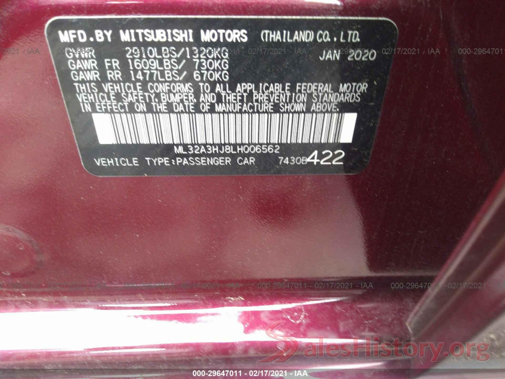 ML32A3HJ8LH006562 2020 MITSUBISHI MIRAGE