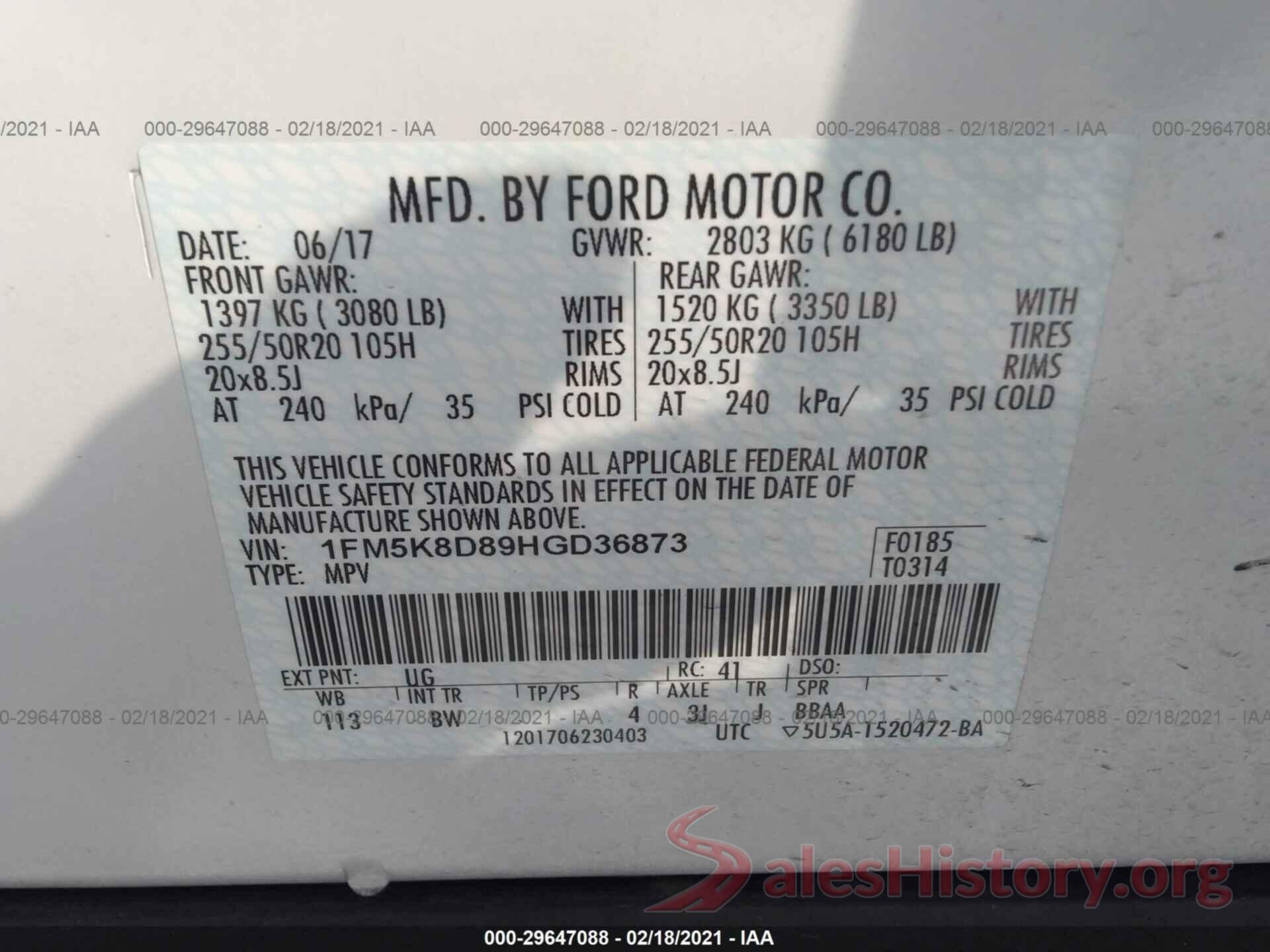 1FM5K8D89HGD36873 2017 FORD EXPLORER